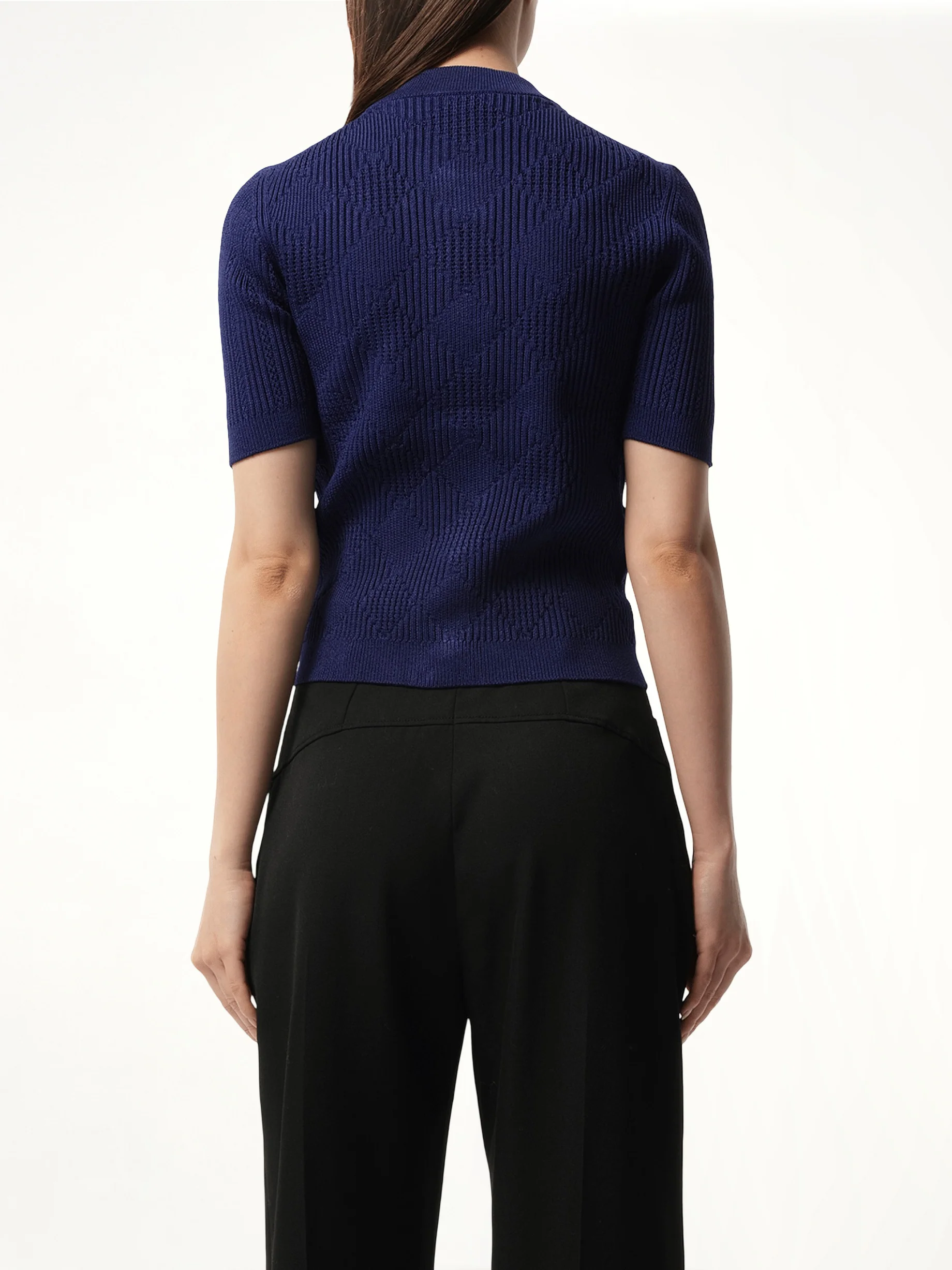 Buttoned 2 Pockets Vichy Knit Cardigan in Midnight Blue - Image 6