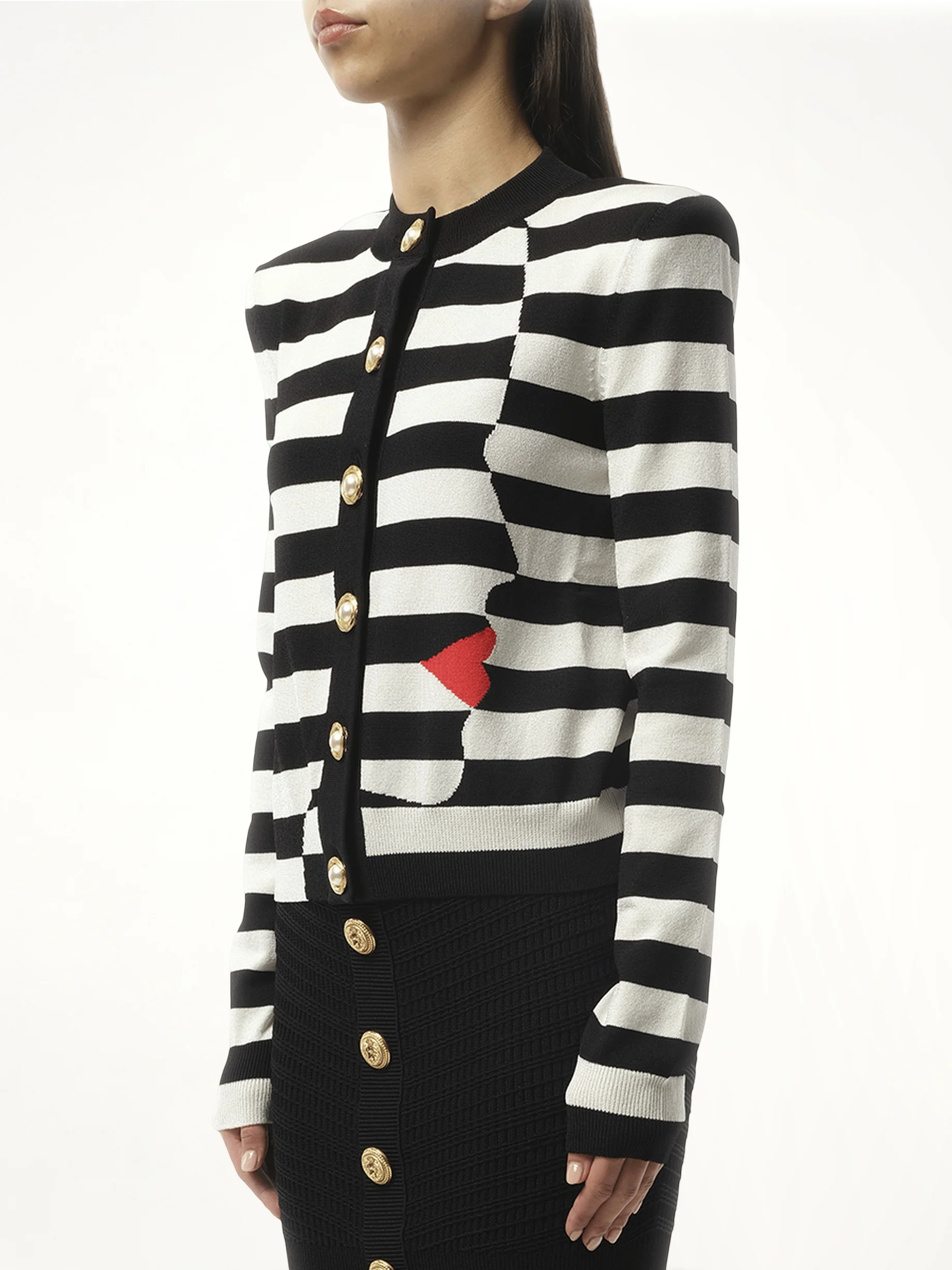 Buttoned Face Mariniere Knit Cardigan in Black/White - Image 5