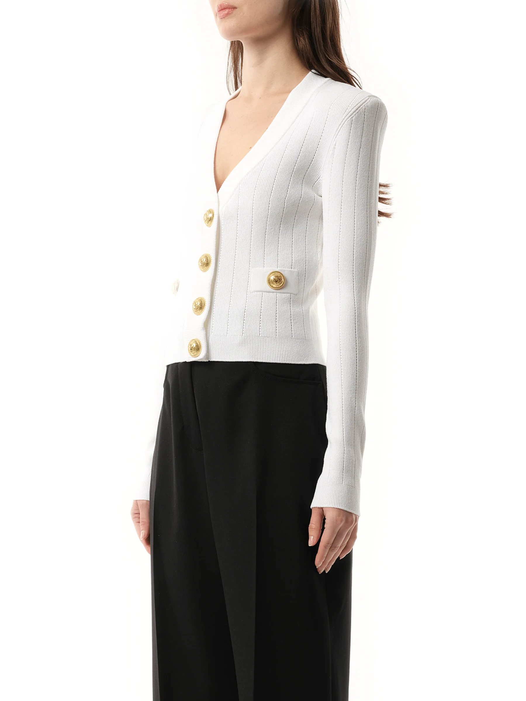 Buttoned Knit Crop Cardigan in White - Image 5