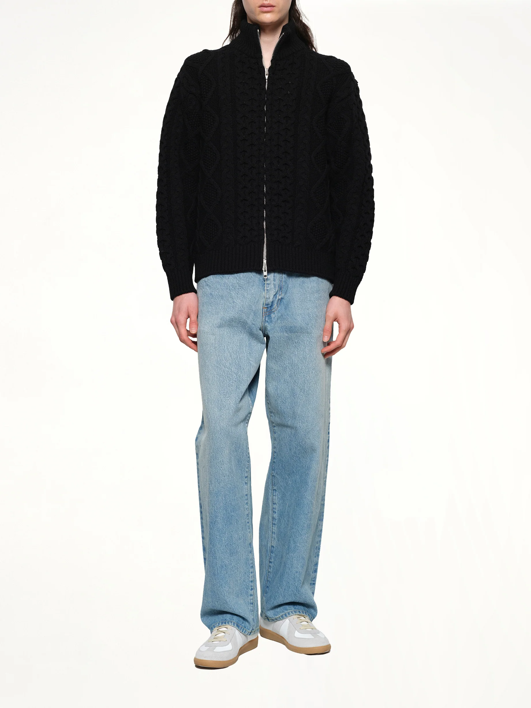 Cable Knit Zip Up in Black - Image 4