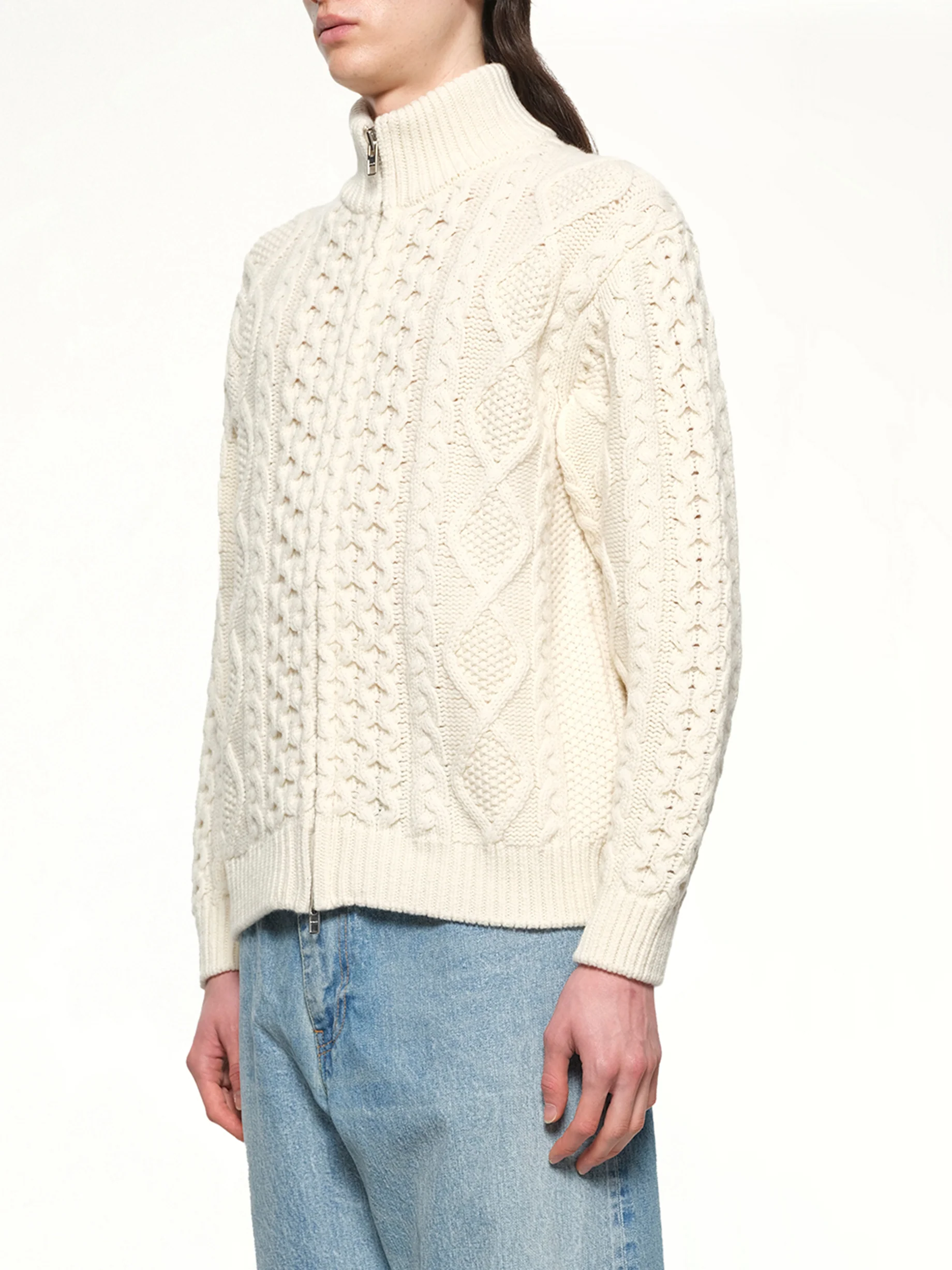 Cable Knit Zip Up in Cream - Image 3