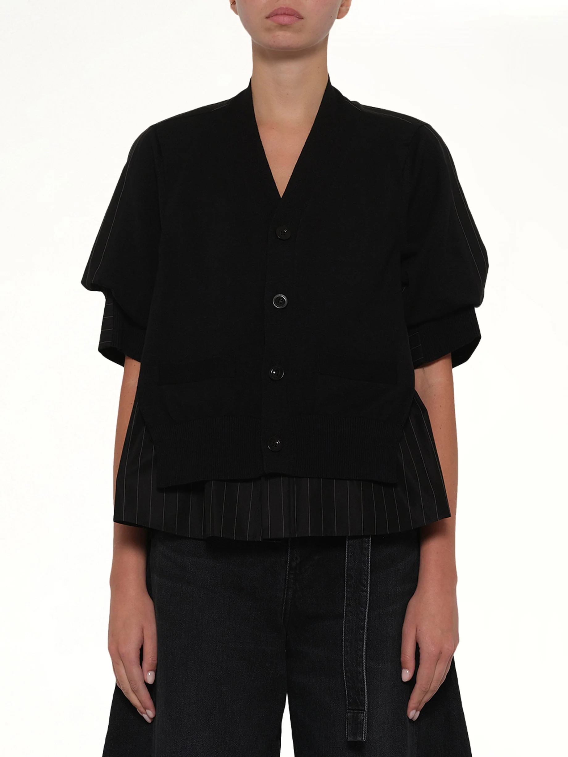 Chalk Stripe x Cotton Knit Cardigan in Black
