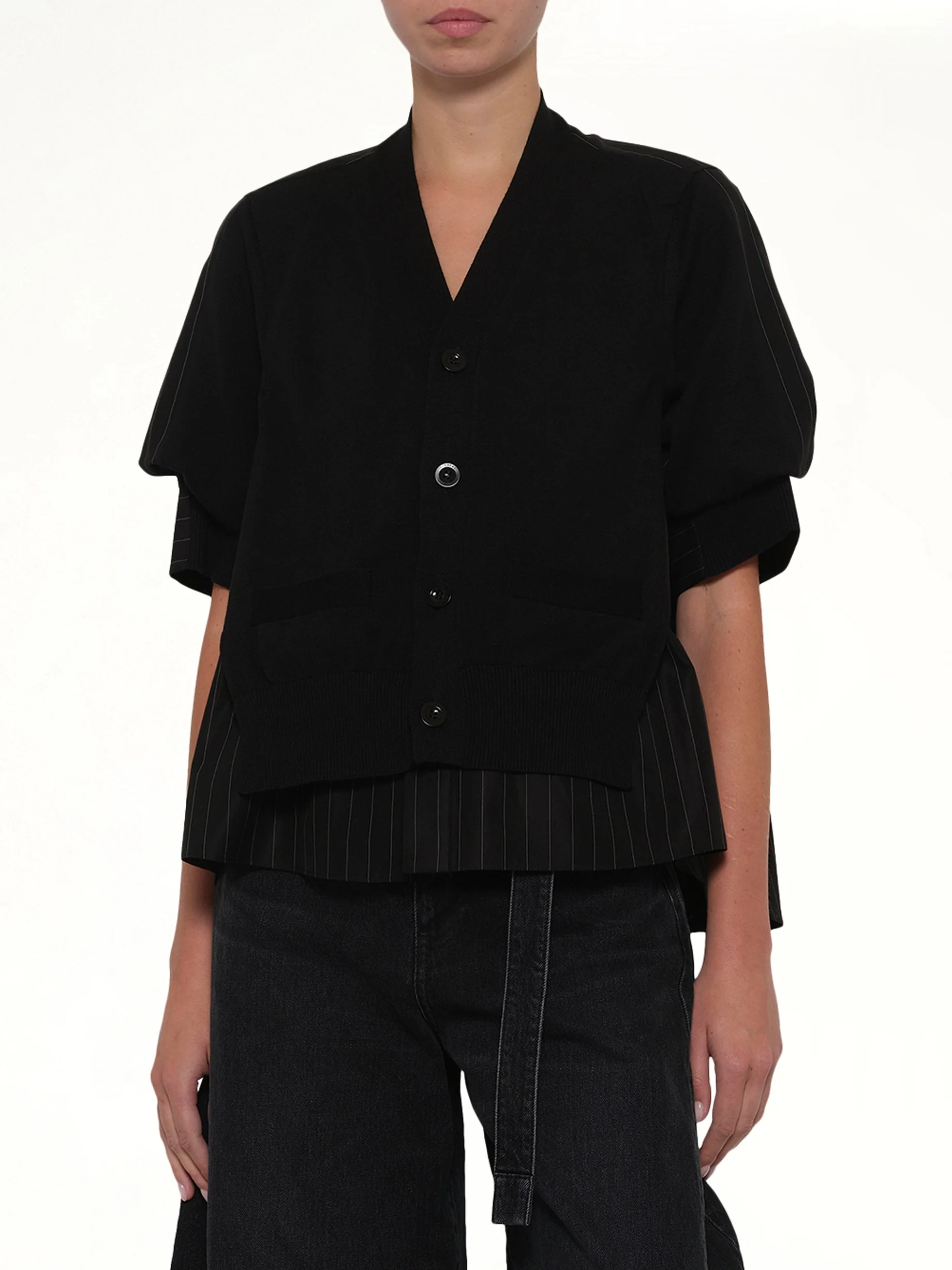 Chalk Stripe x Cotton Knit Cardigan in Black - Image 6