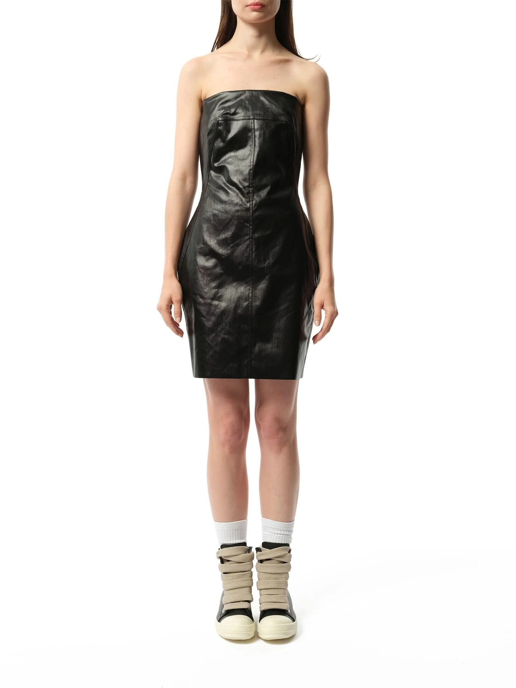 Coated Denim Bustier Mini Dress in Black - Image 4