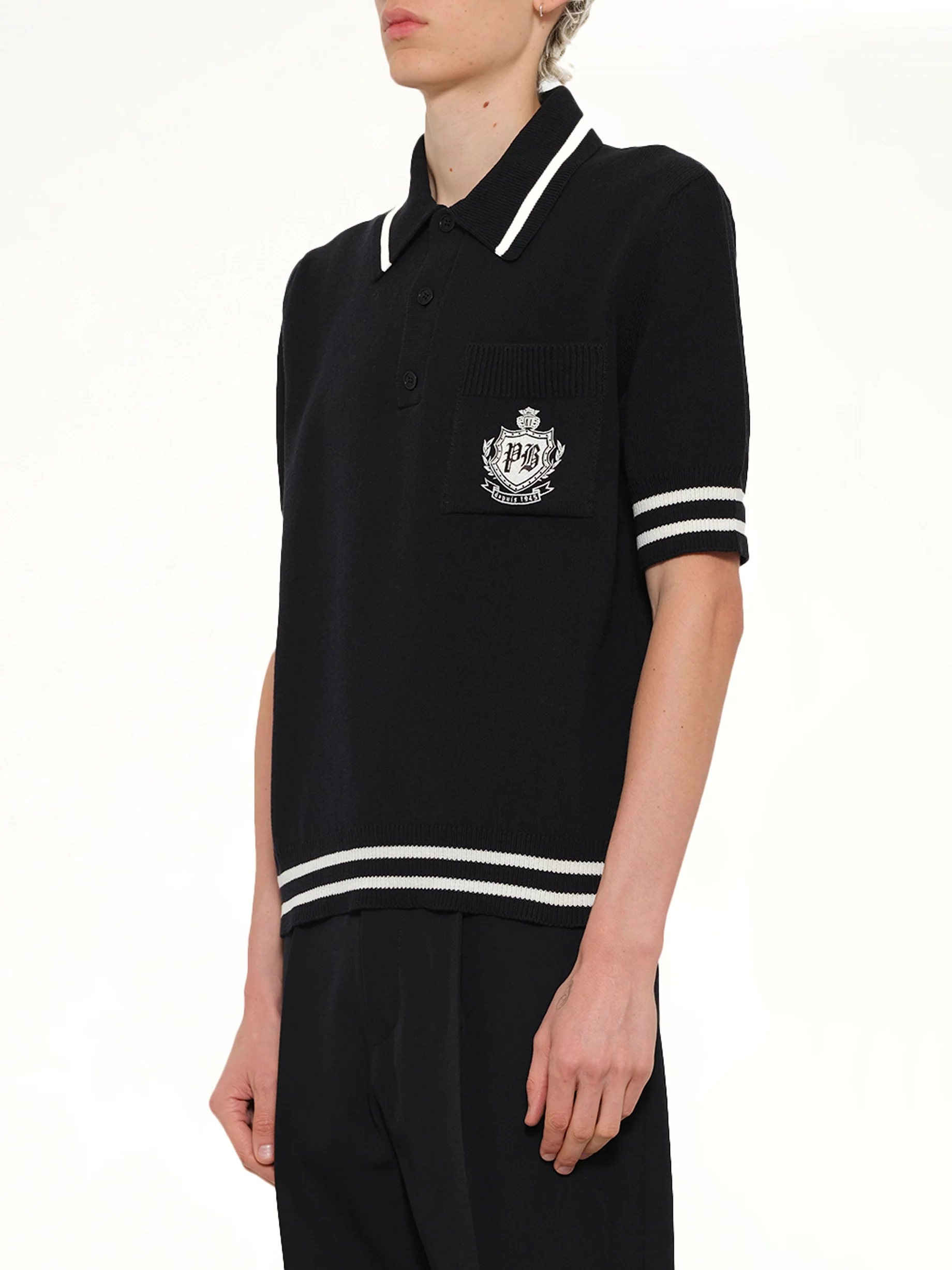 College Emblem Knit Polo in Black/Natural - Image 3
