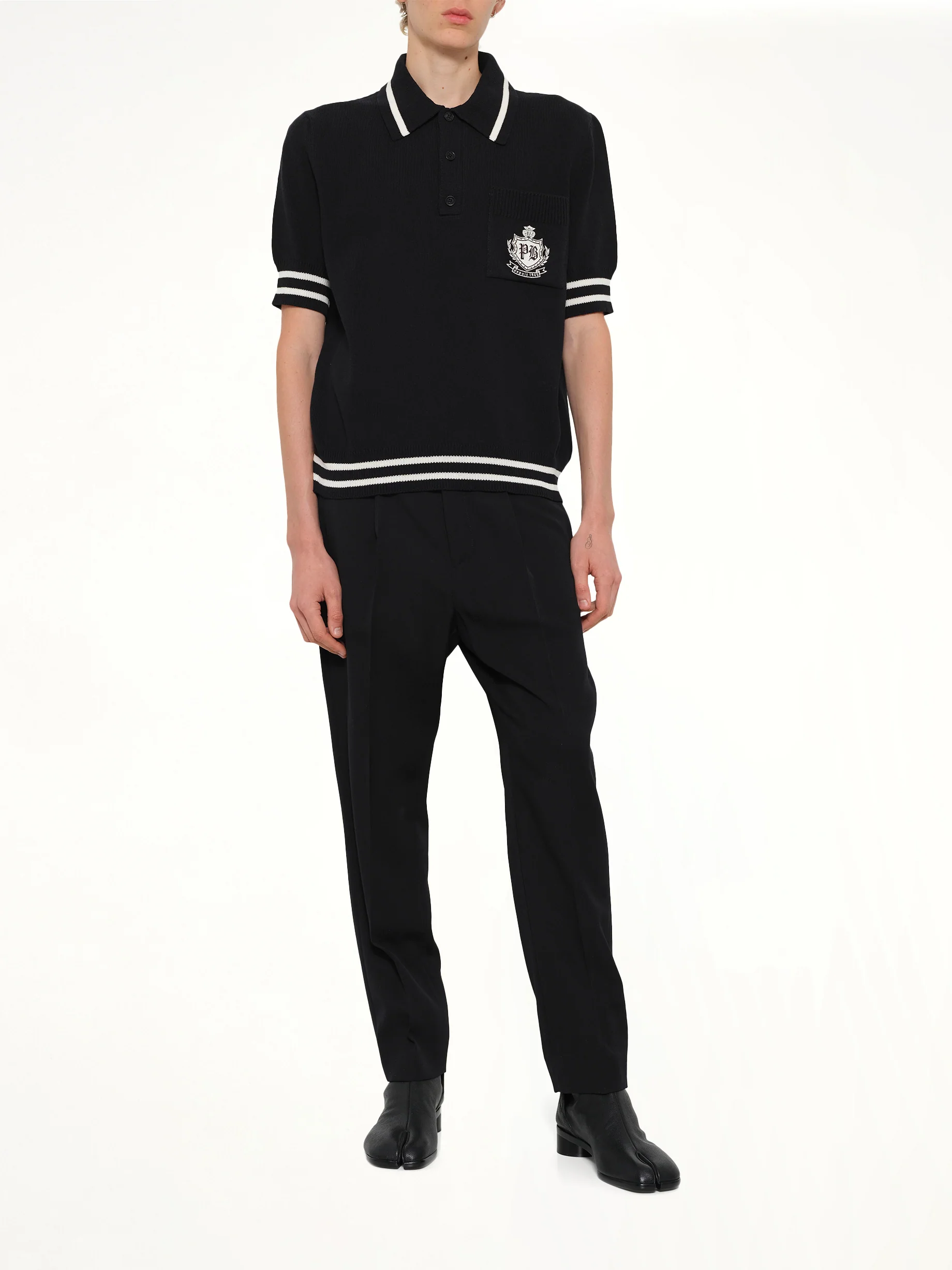 College Emblem Knit Polo in Black/Natural - Image 4