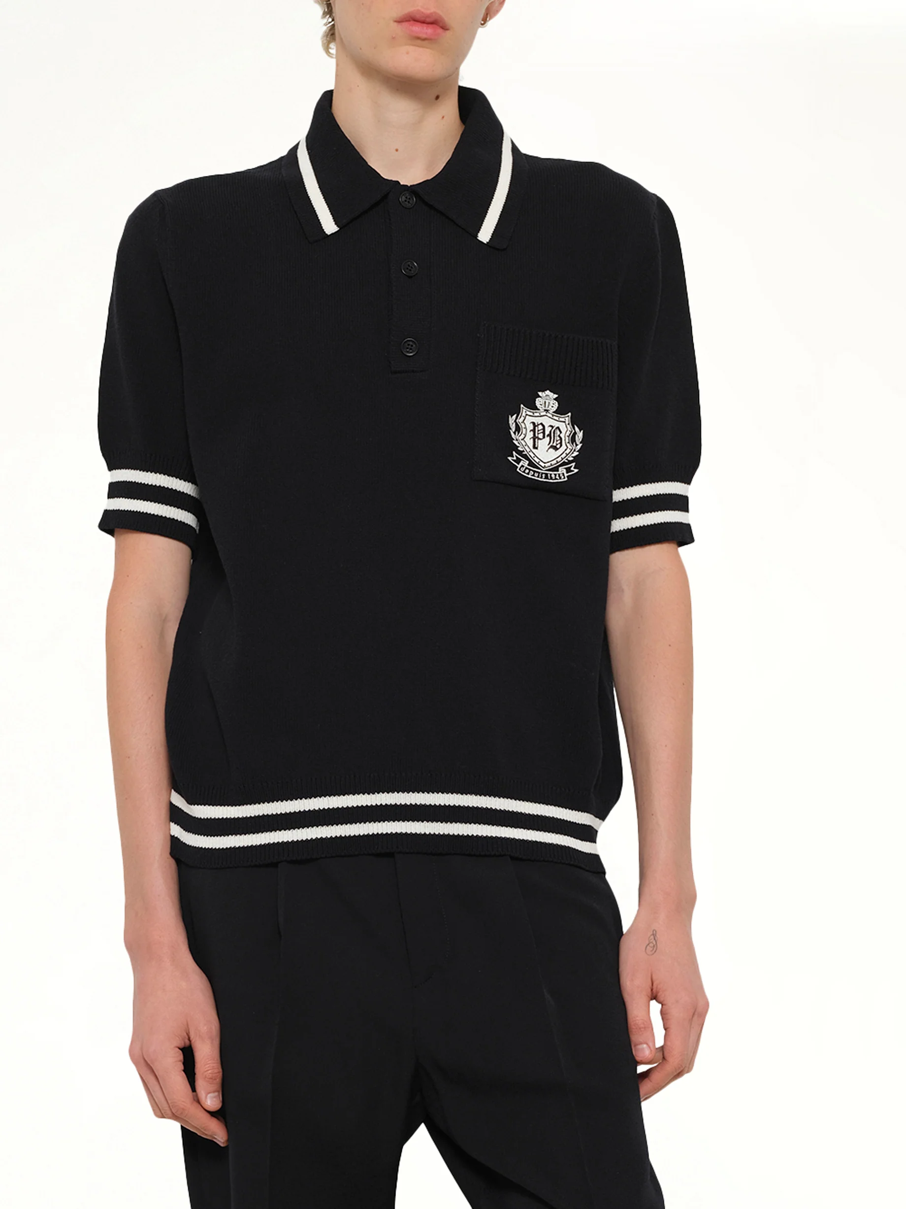 College Emblem Knit Polo in Black/Natural - Image 6