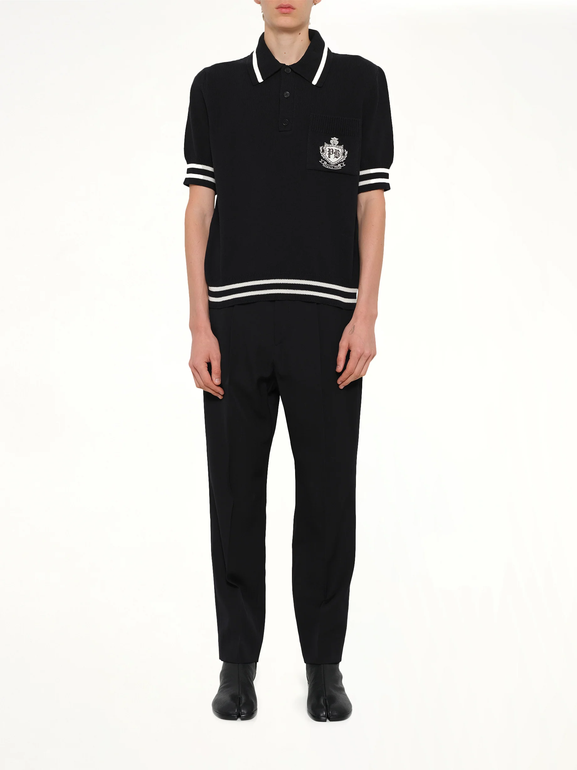 College Emblem Knit Polo in Black/Natural - Image 7