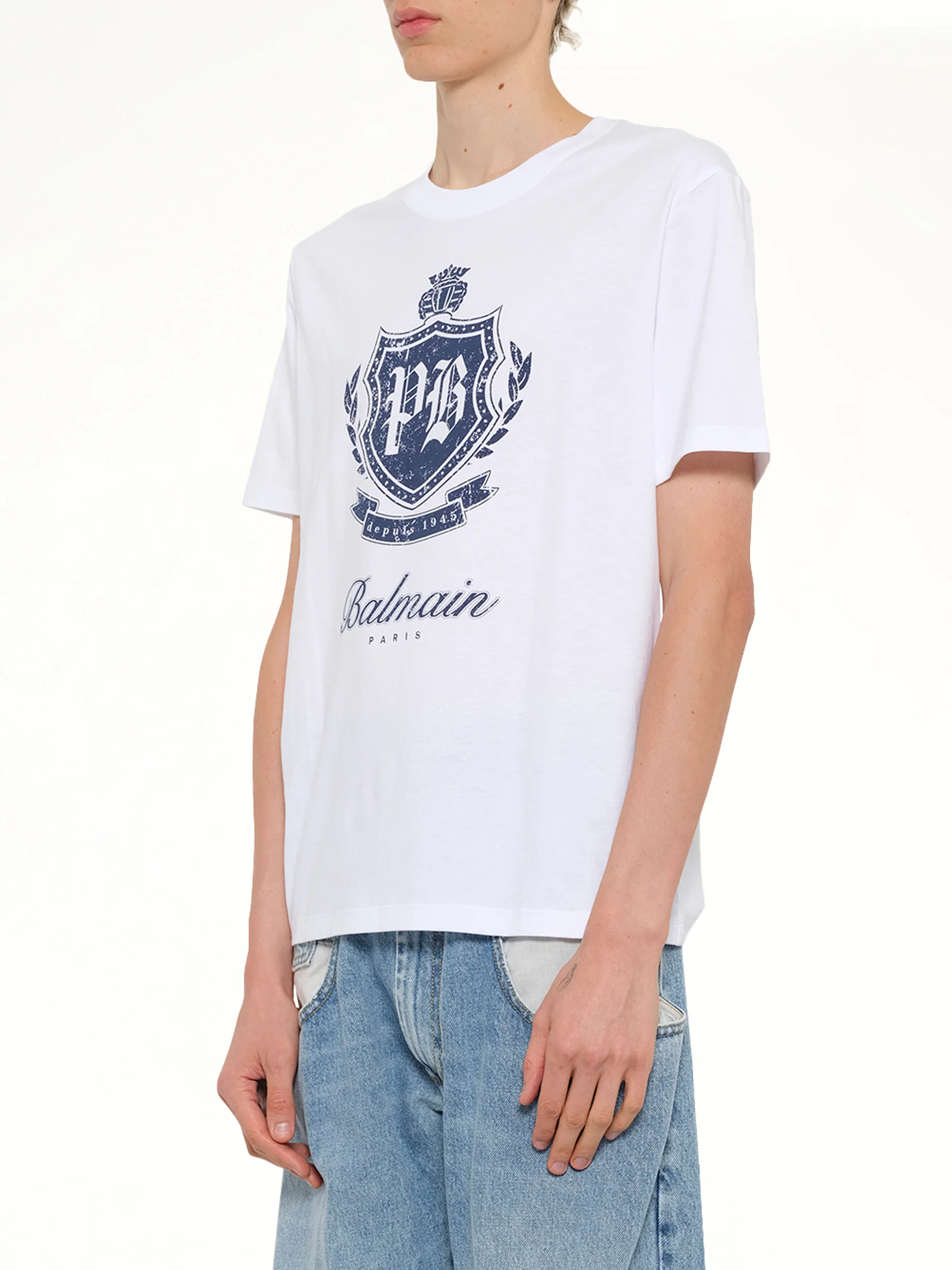 College Emblem Print T-Shirt in White/Blue - Image 3