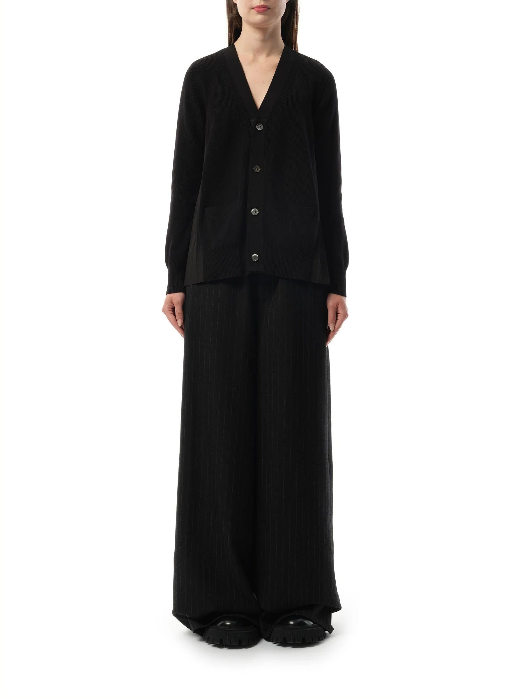 Cotton Knit Cotton Poplin Cardigan in Black - Image 4