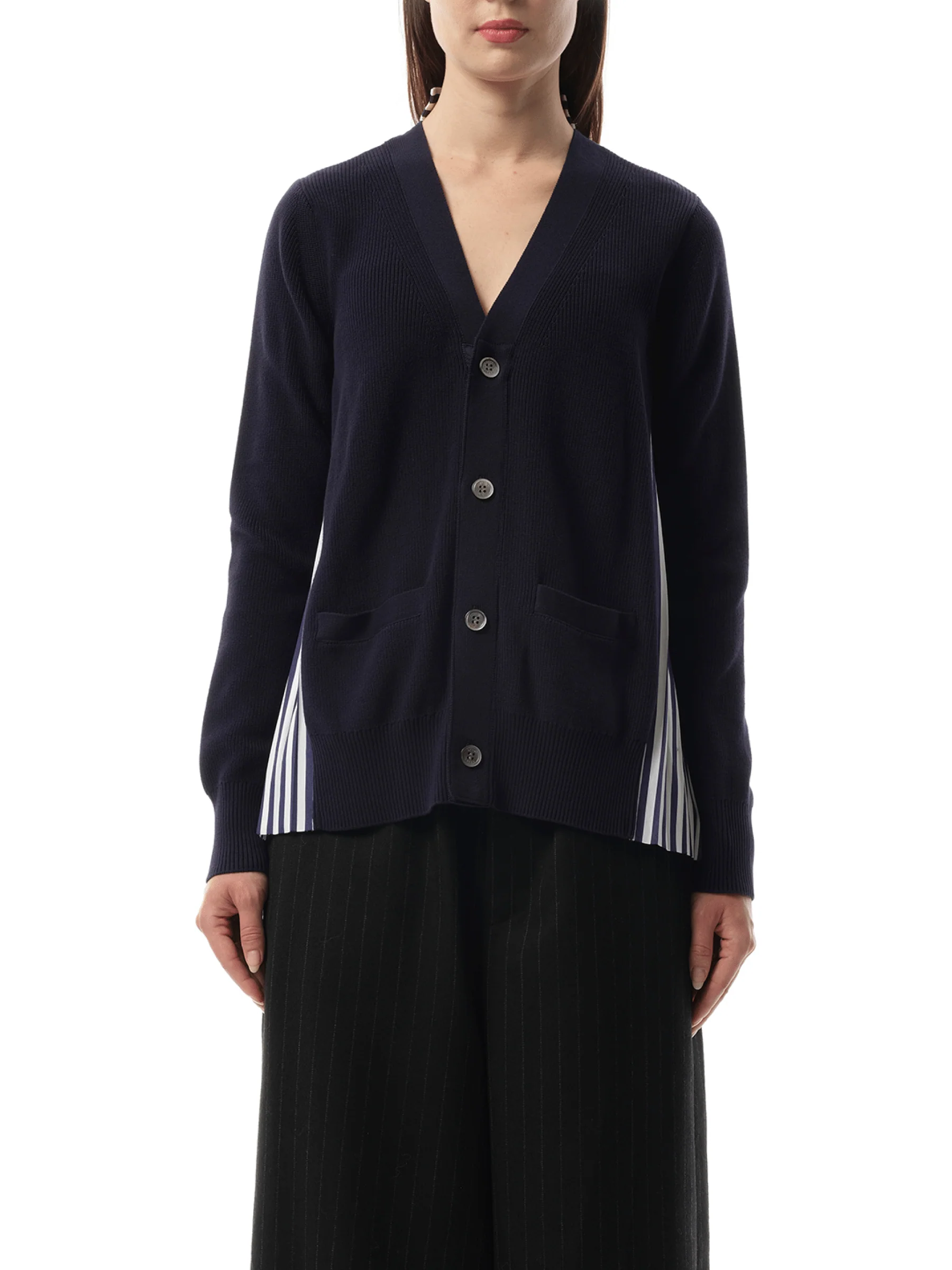Cotton Knit Cotton Poplin Cardigan in Navy