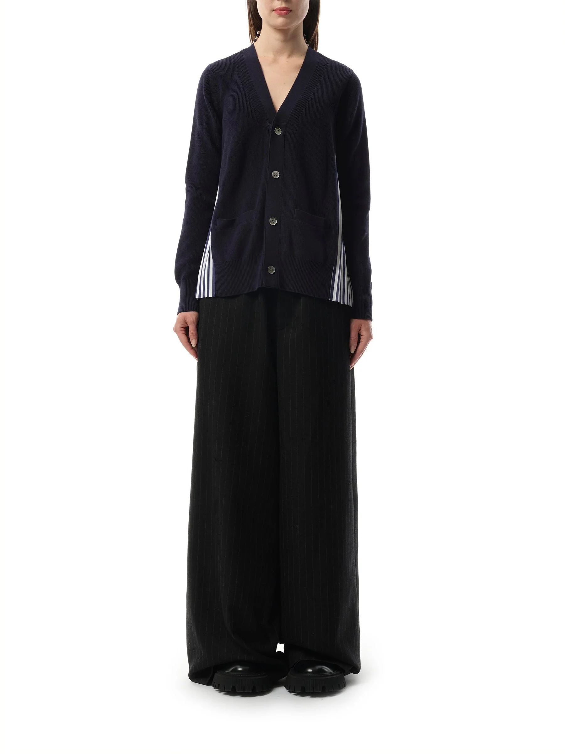 Cotton Knit Cotton Poplin Cardigan in Navy - Image 4