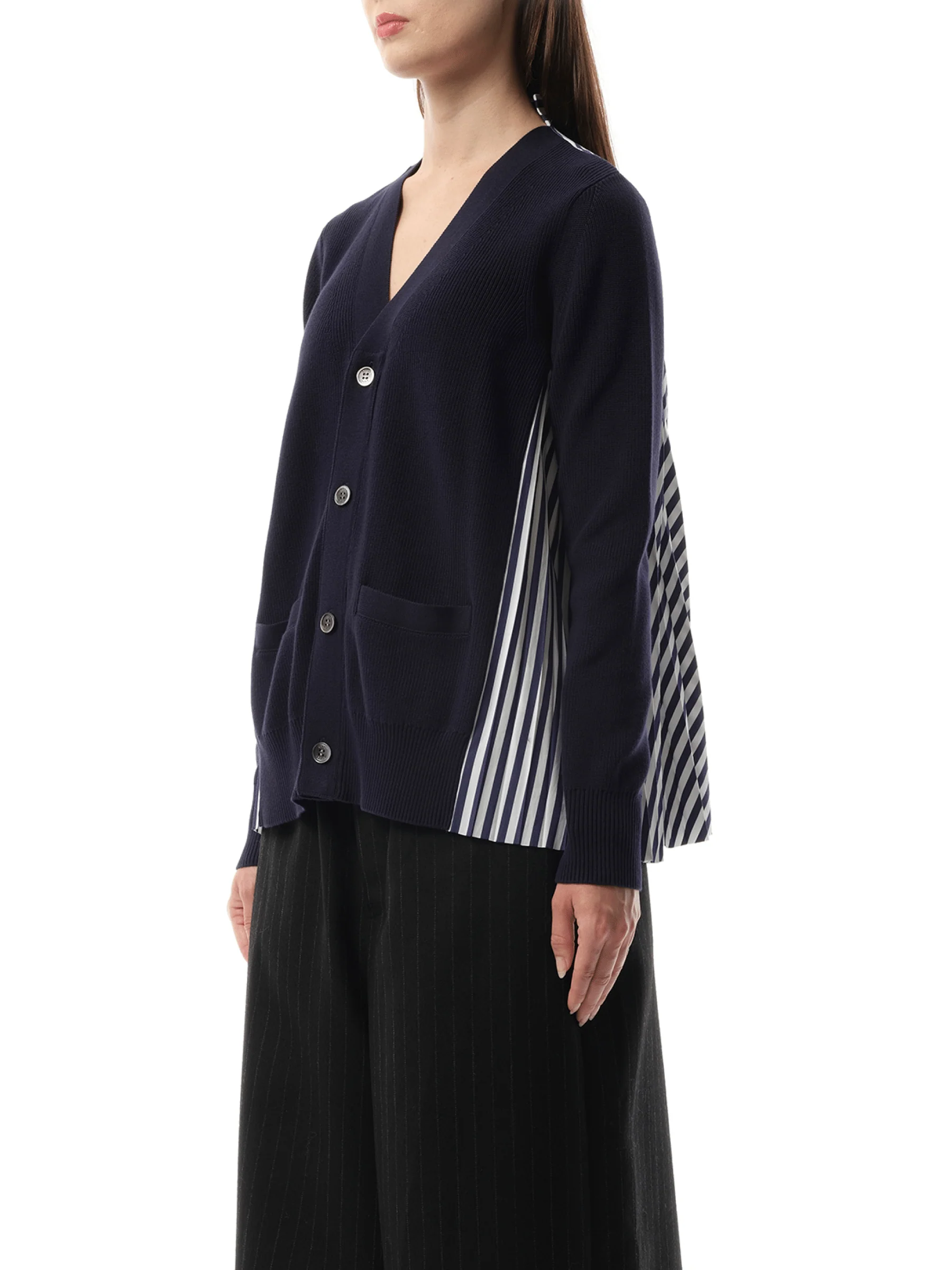 Cotton Knit Cotton Poplin Cardigan in Navy - Image 5