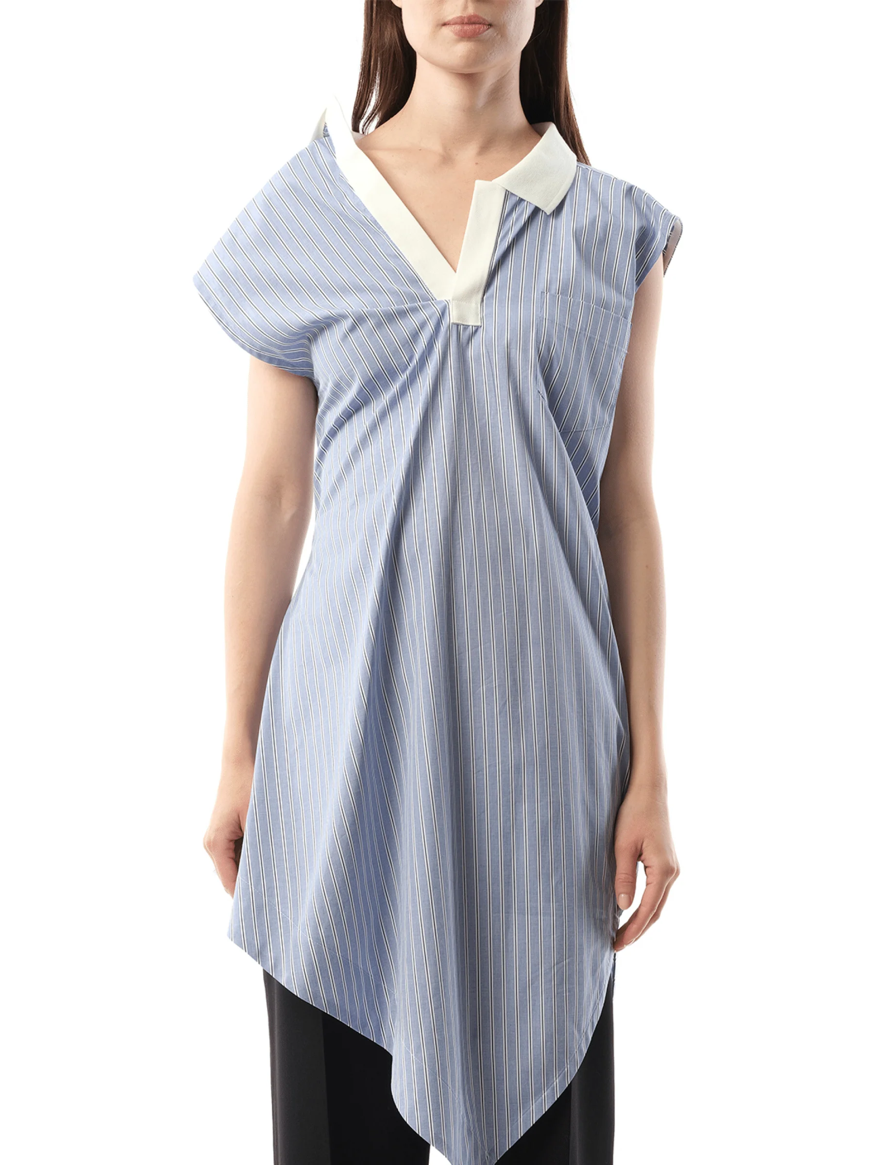 Cotton Poplin Polo Shirt in Light Blue Stripe