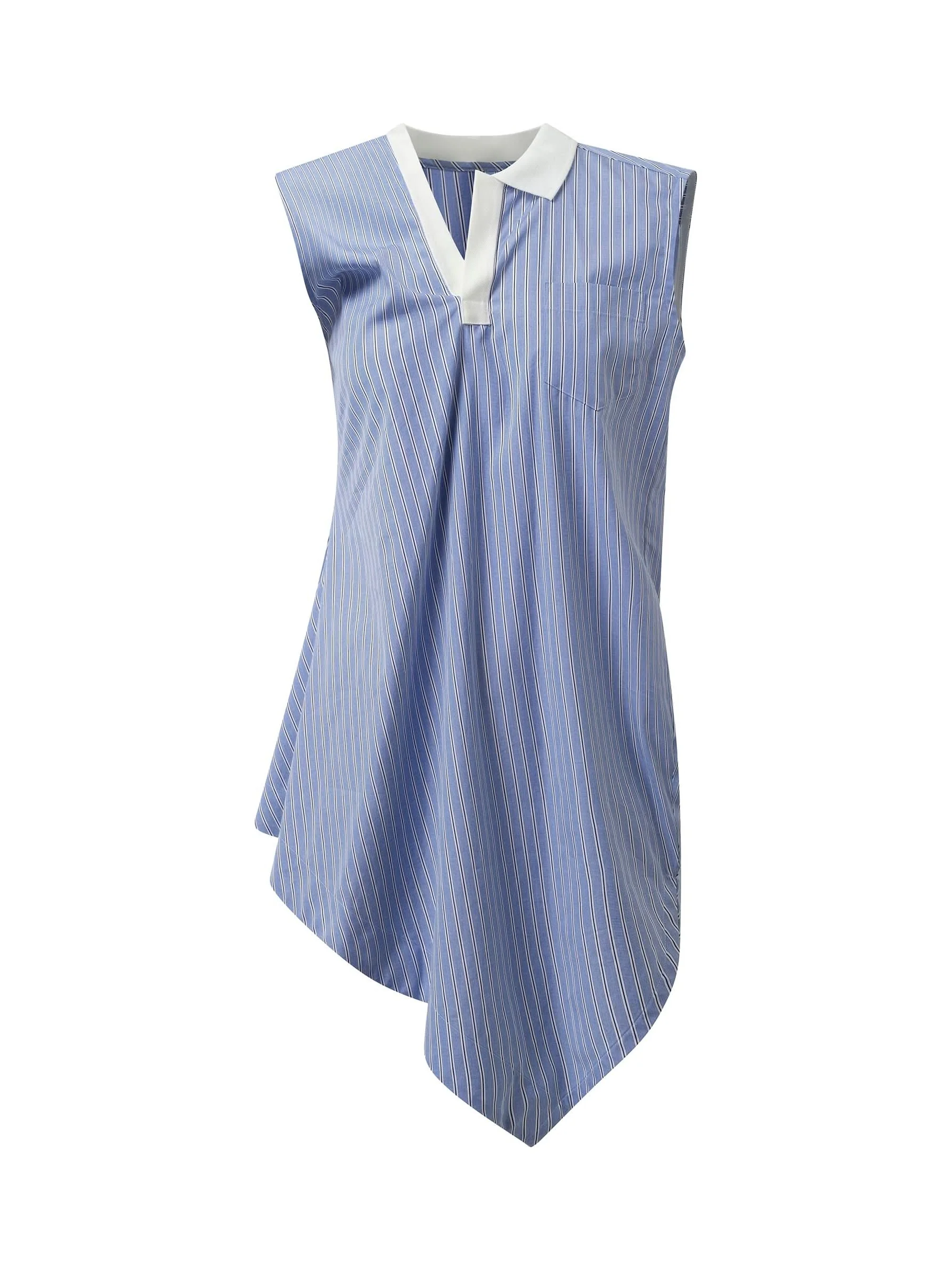 Cotton Poplin Polo Shirt in Light Blue Stripe - Image 2