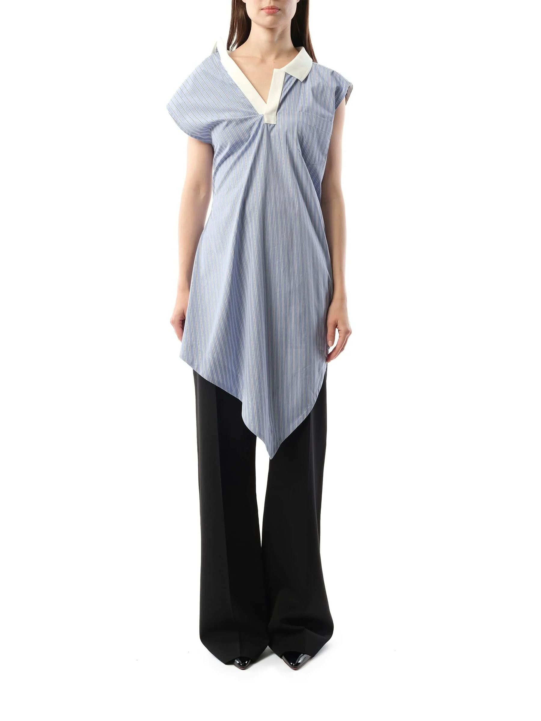Cotton Poplin Polo Shirt in Light Blue Stripe - Image 4