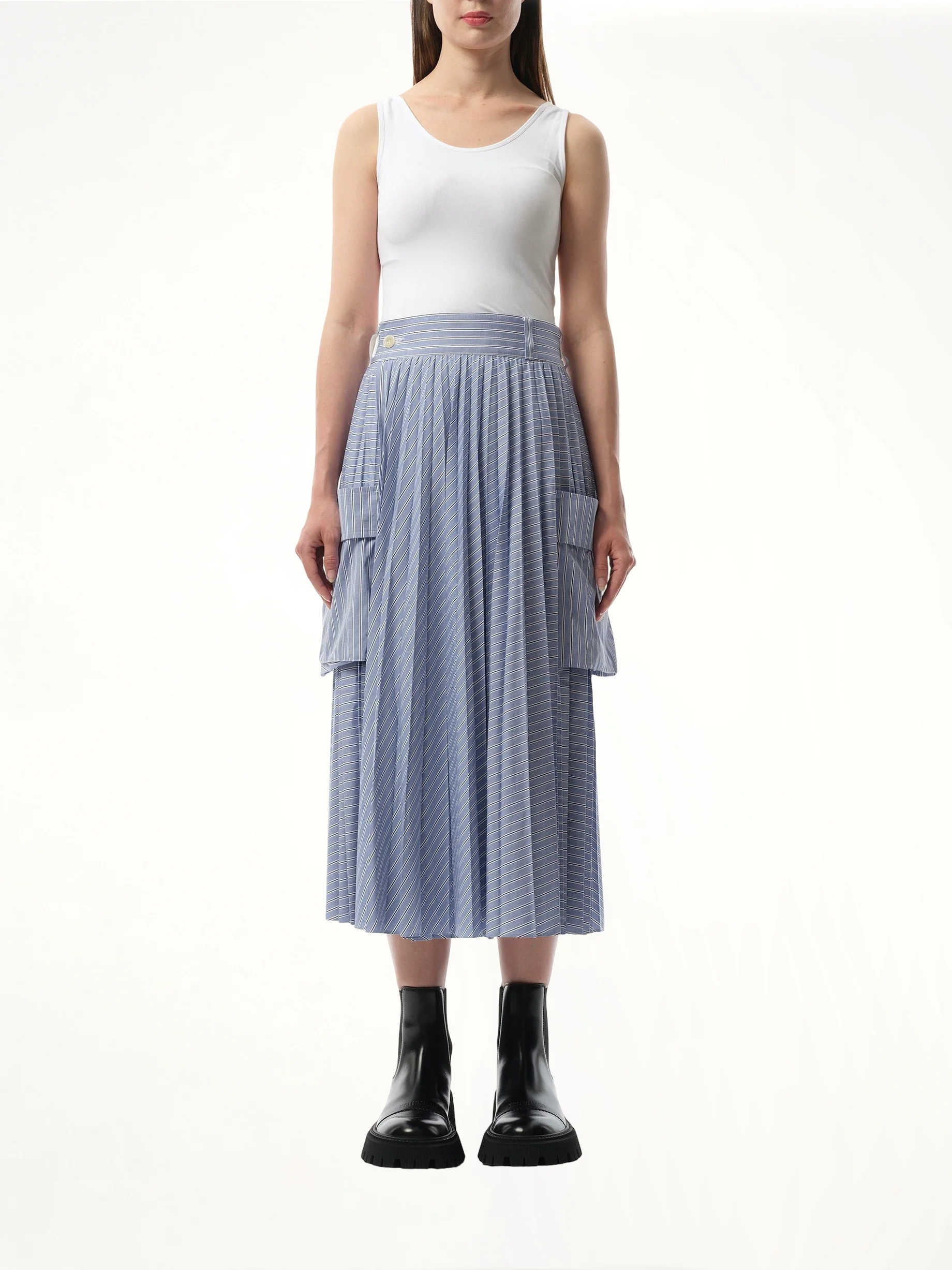 Cotton Poplin Stripe Skirt in Light Blue - Image 4