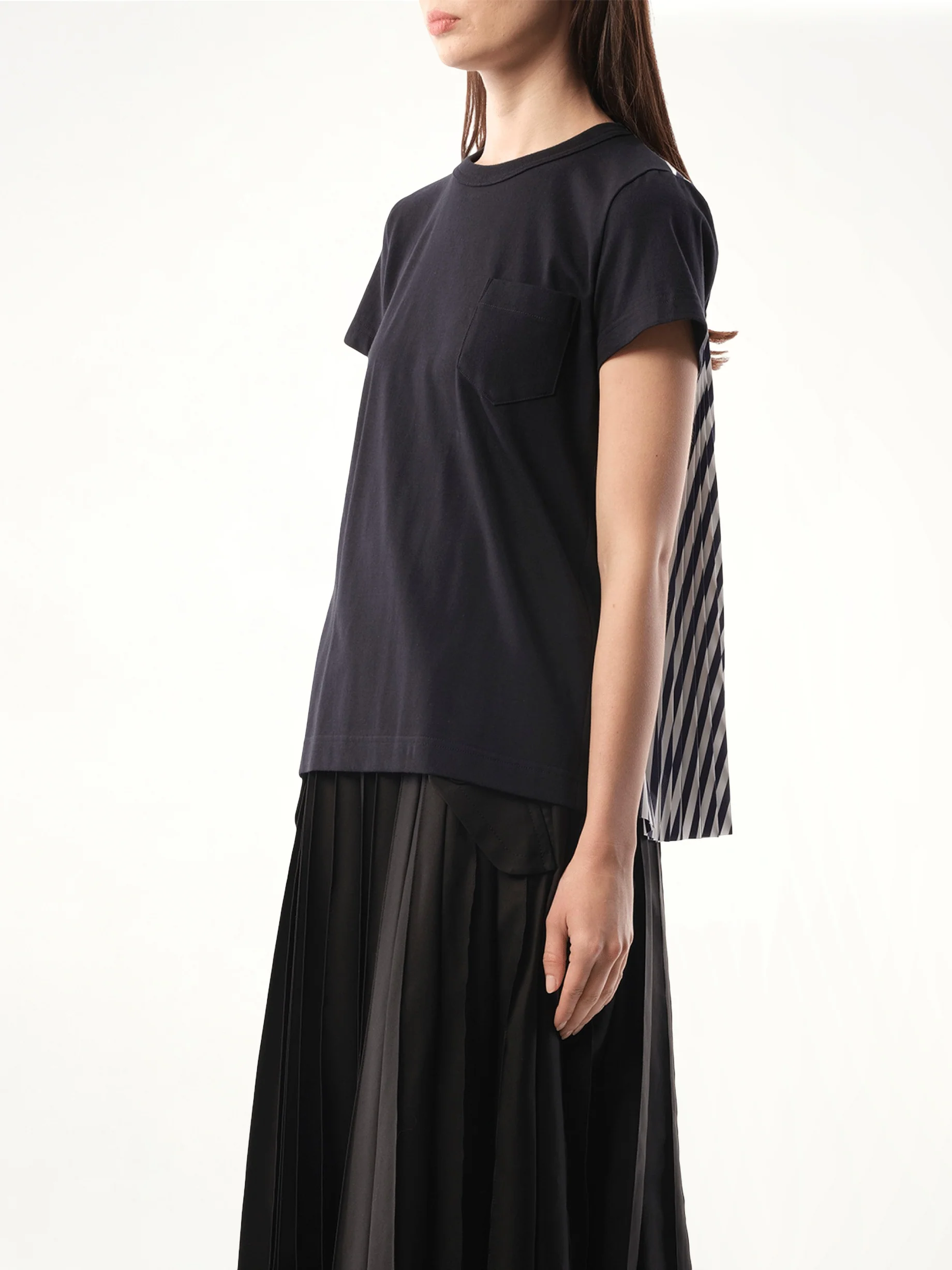 Cotton Poplin x Jersey T-Shirt in Navy/Navy Stripe - Image 5