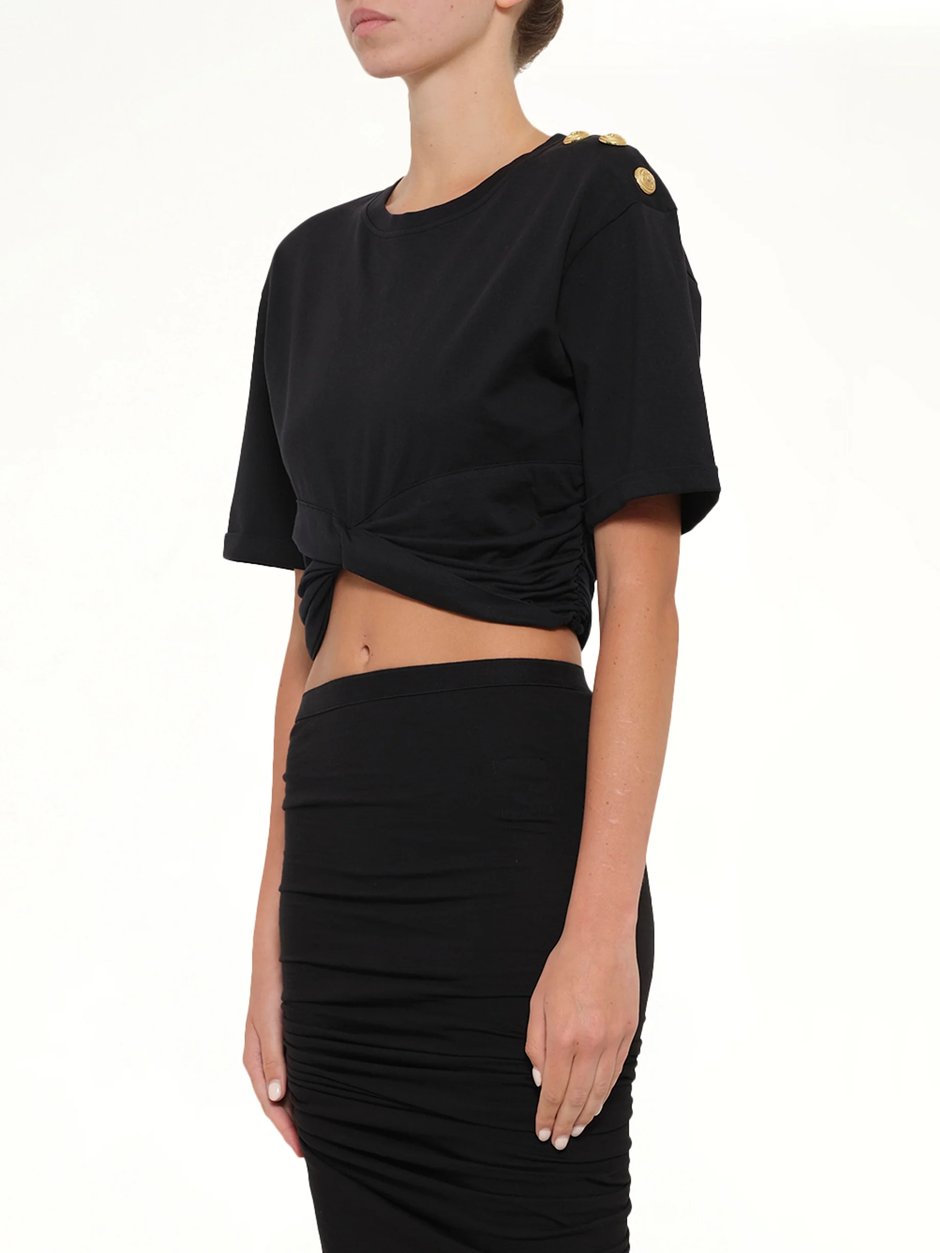Cropped Knotted T-Shirt in Black/Beige - Image 3