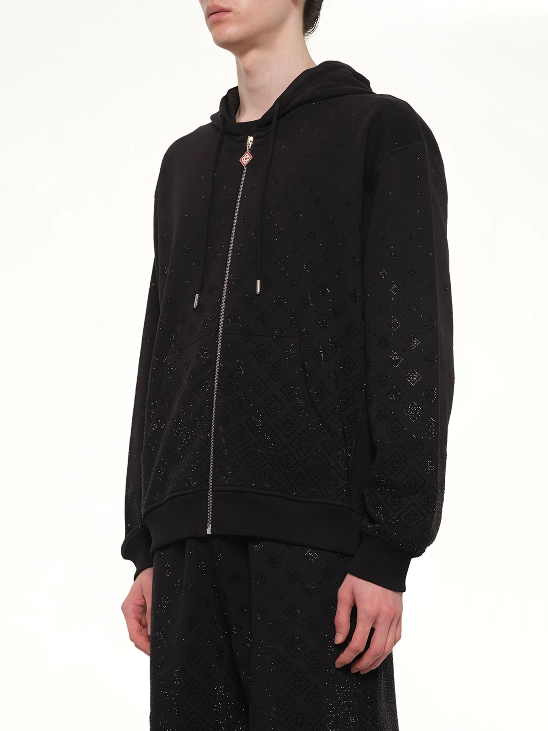 Crystal Monogram Zip-Up Hoodie in Black - Image 3