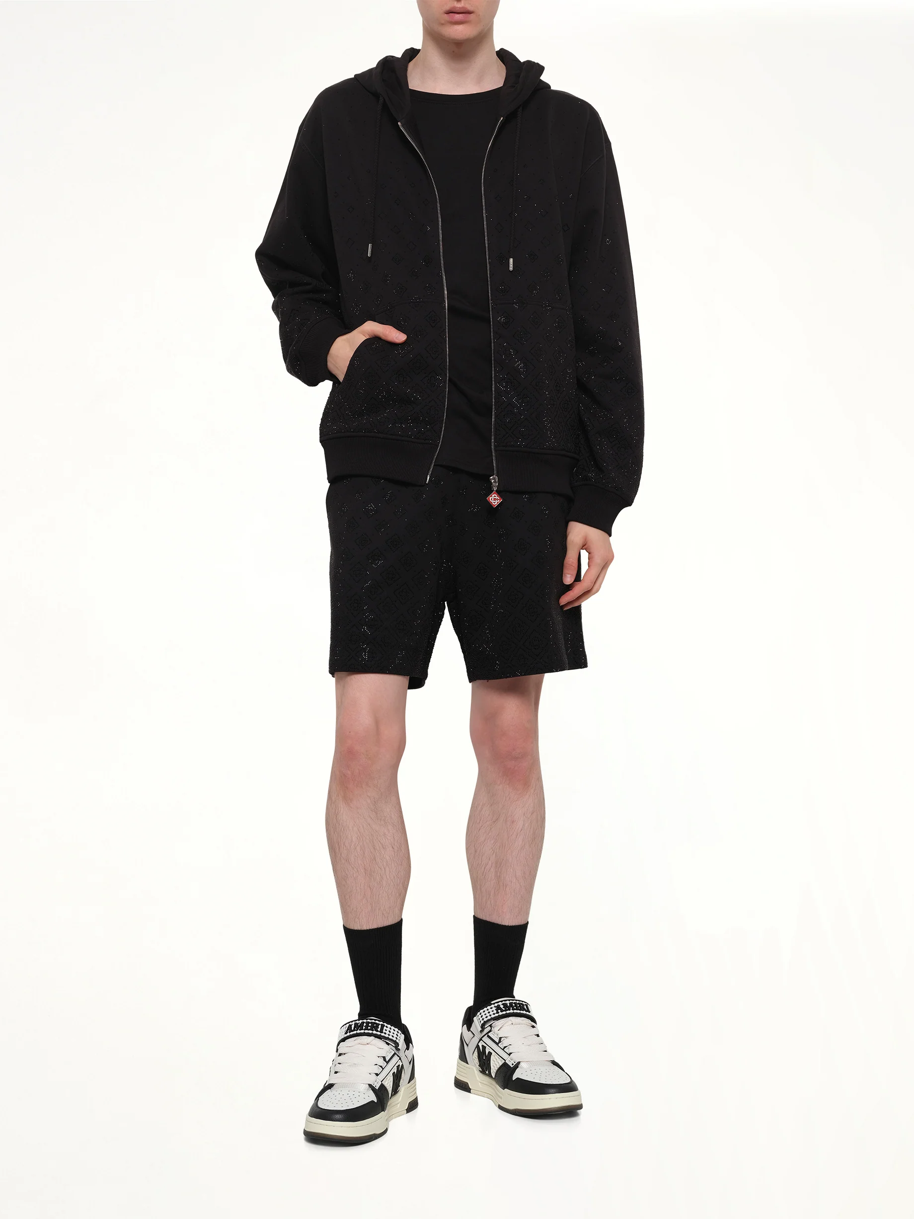 Crystal Monogram Zip-Up Hoodie in Black - Image 4