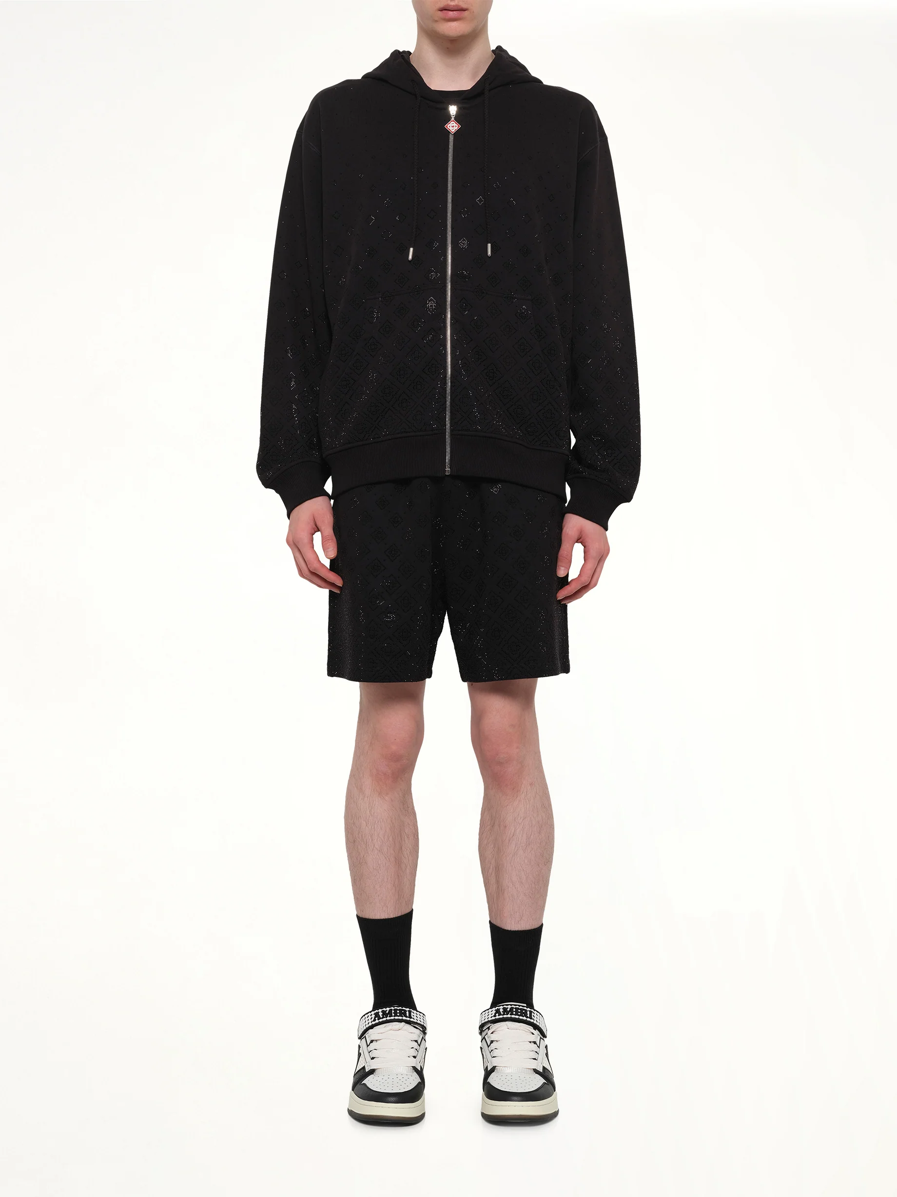 Crystal Monogram Zip-Up Hoodie in Black - Image 7