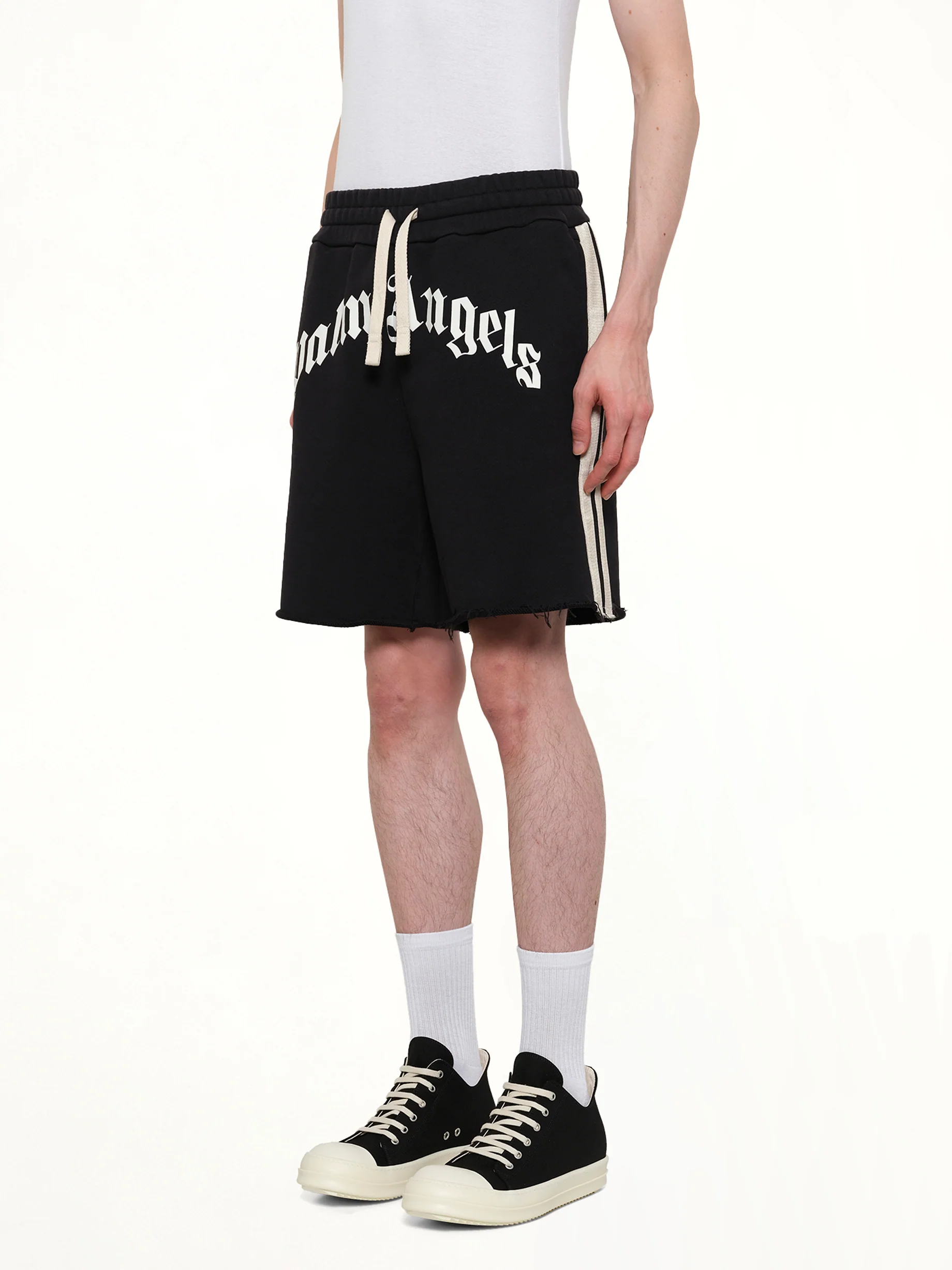 Curved Logo Track Sweatshorts in Black/Off White - Image 3