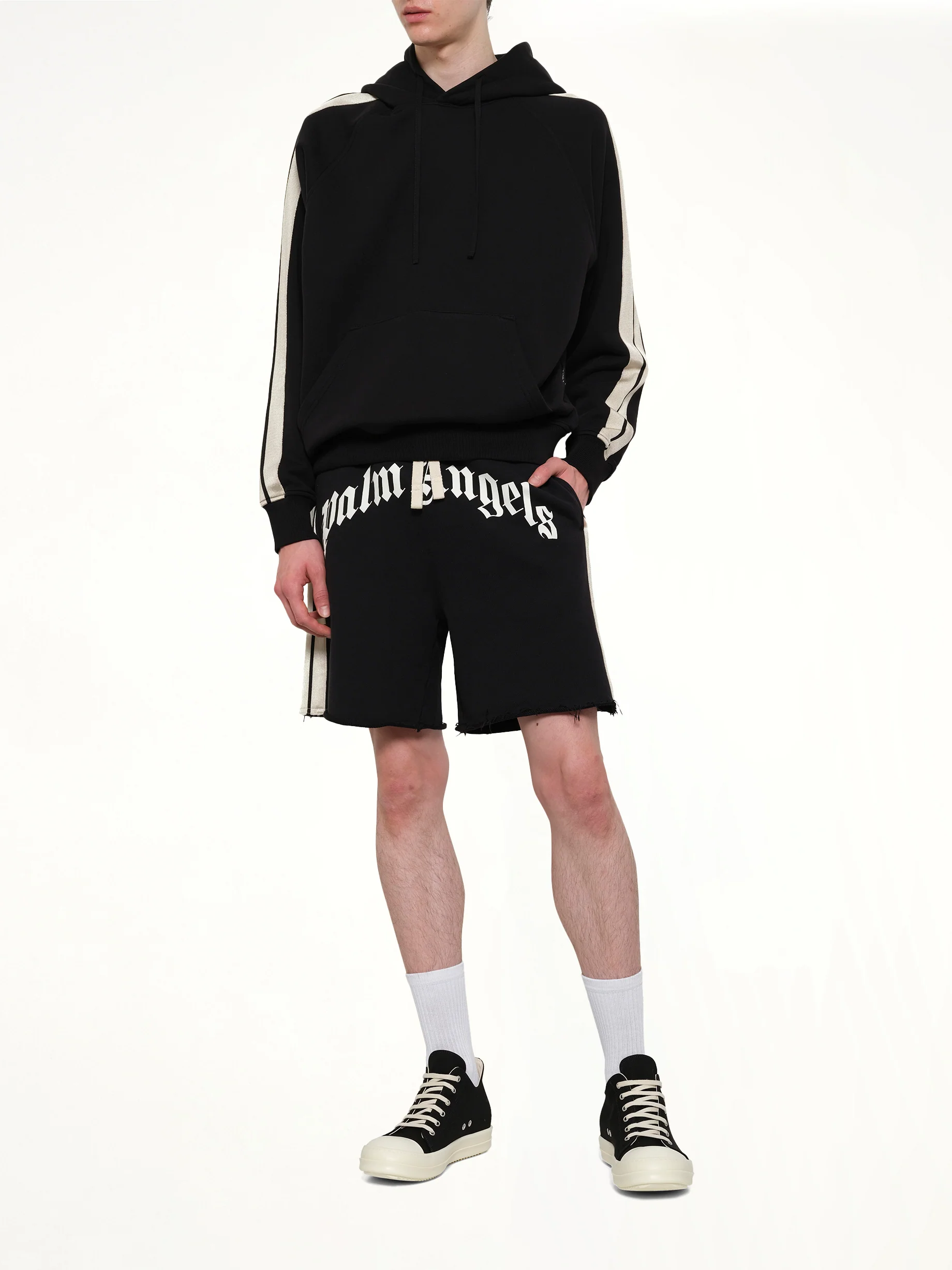 Curved Logo Track Sweatshorts in Black/Off White - Image 4