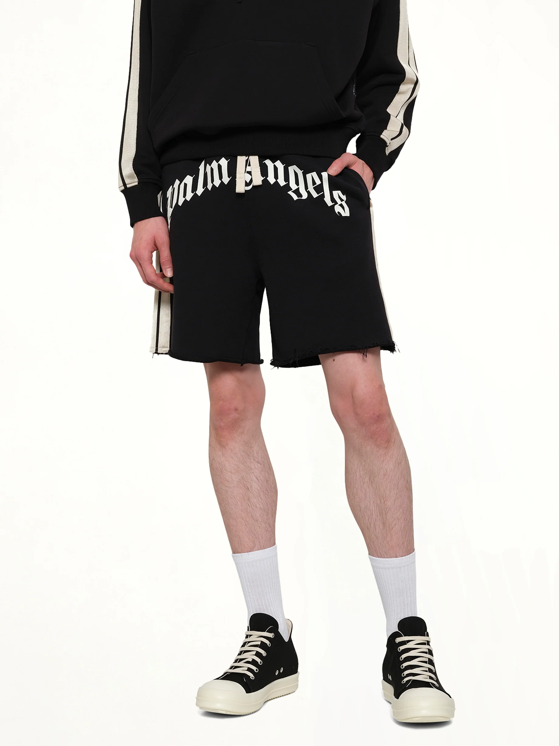 Curved Logo Track Sweatshorts in Black/Off White - Image 6