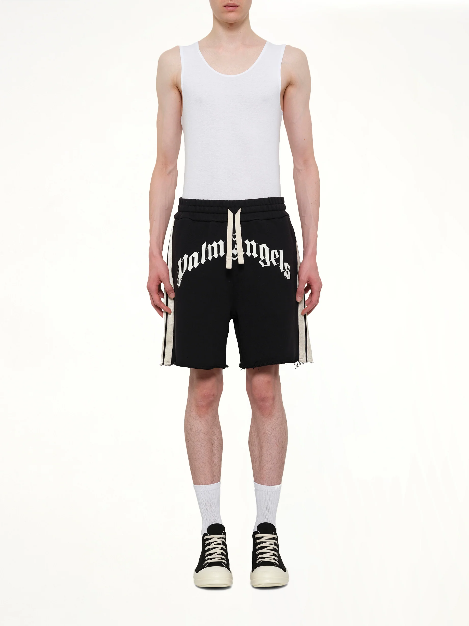 Curved Logo Track Sweatshorts in Black/Off White - Image 7