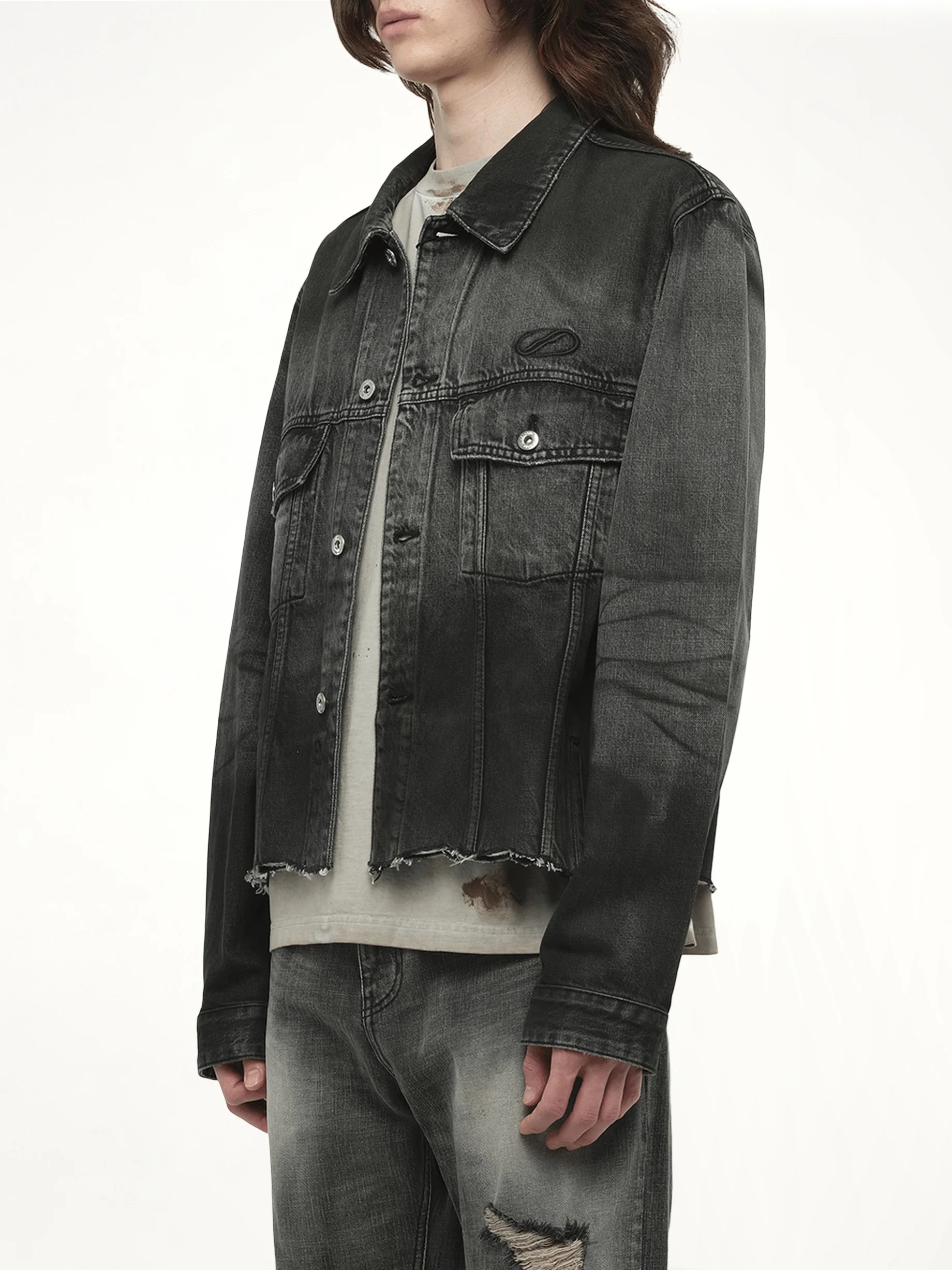 Dark-Spray Detail Denim Jacket in Black - Image 3