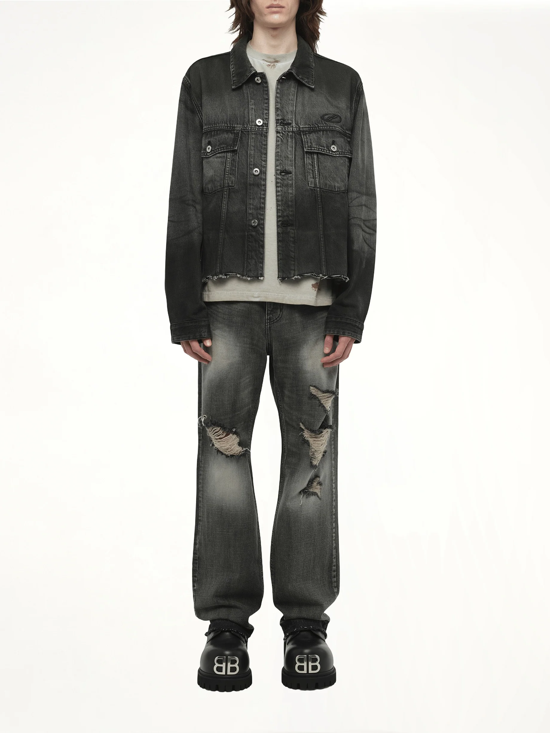 Dark-Spray Detail Denim Jacket in Black - Image 7