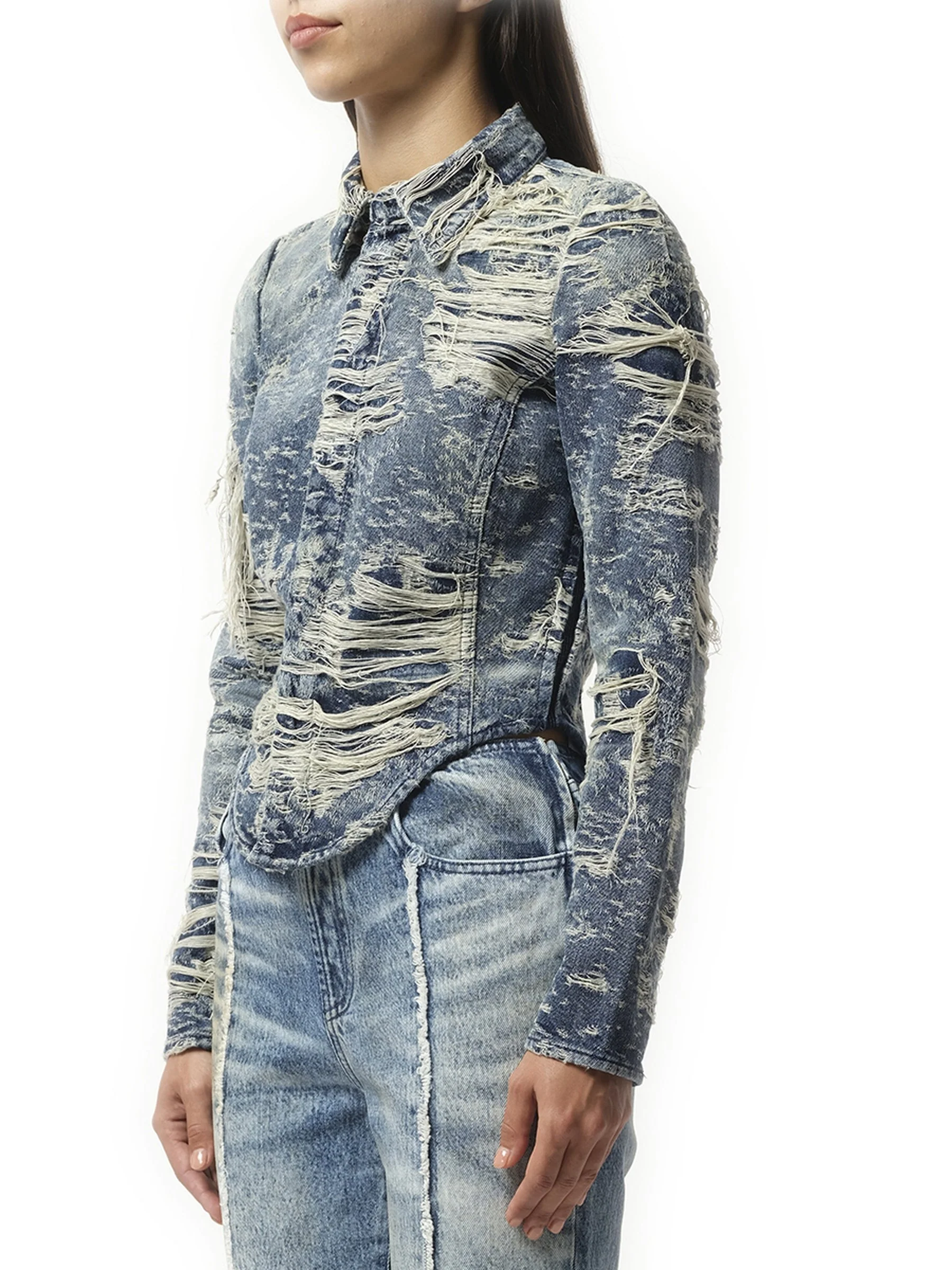 De-Madeline Distressed Denim Shirt in Blue - Image 4