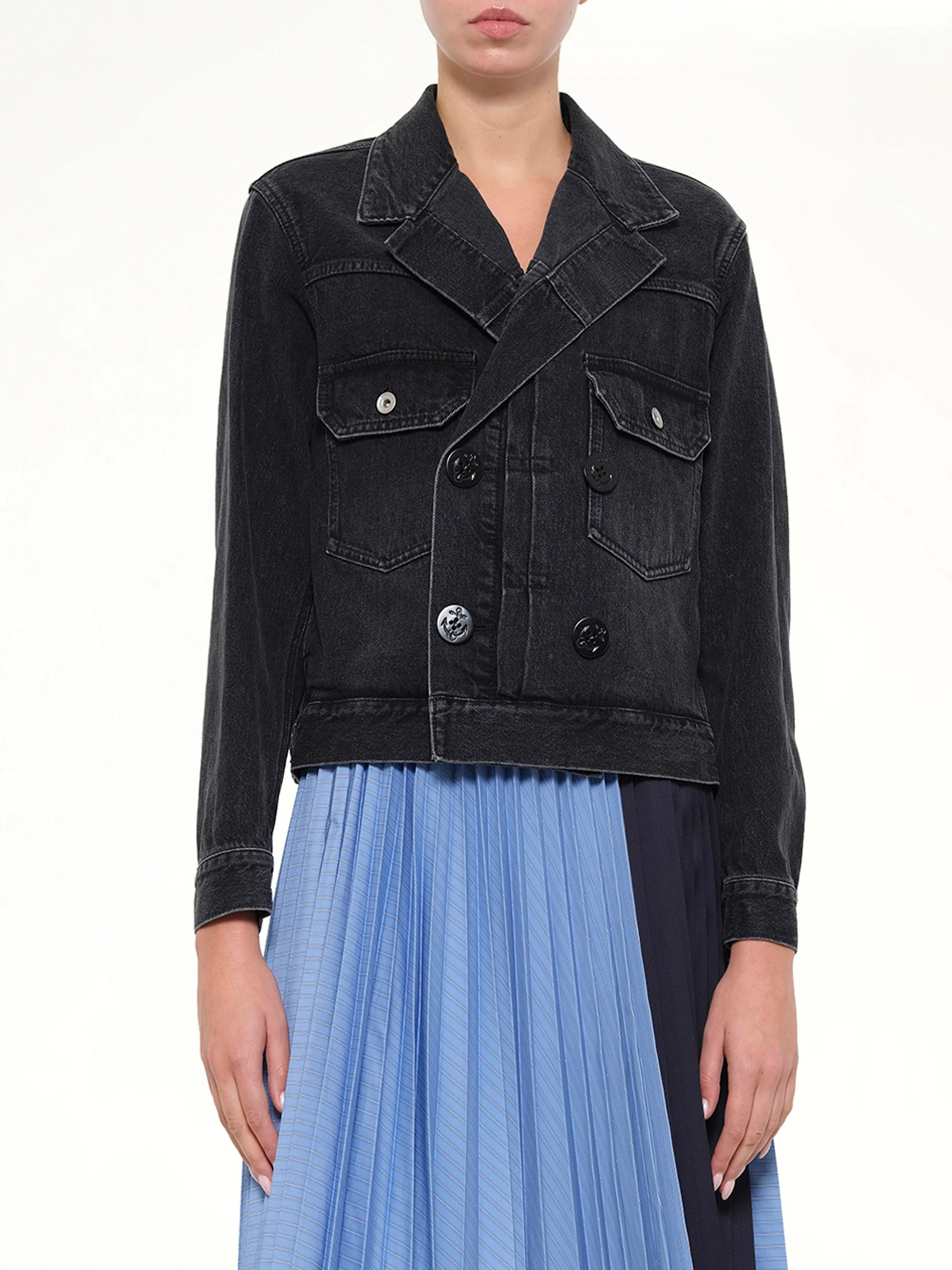 Double Breasted Denim Jacket in Black - Image 6