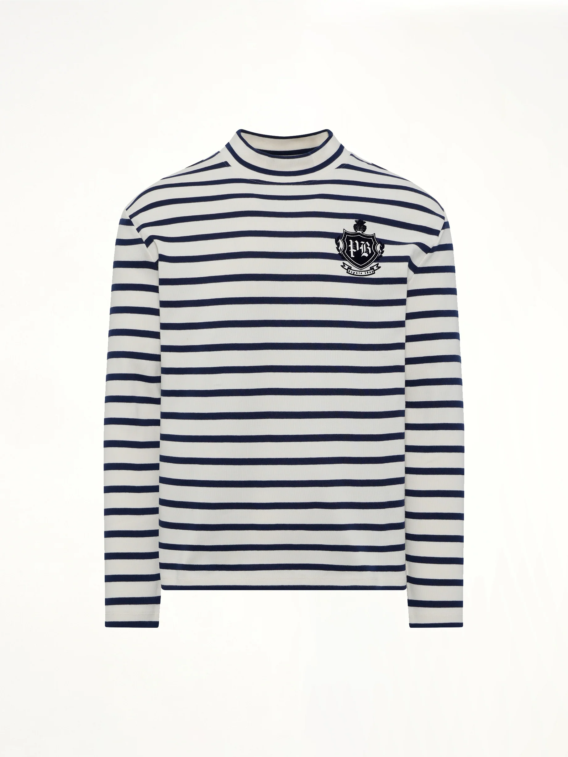 Emblem Flock Highneck LS T-Shirt in Beige/Blue - Image 2