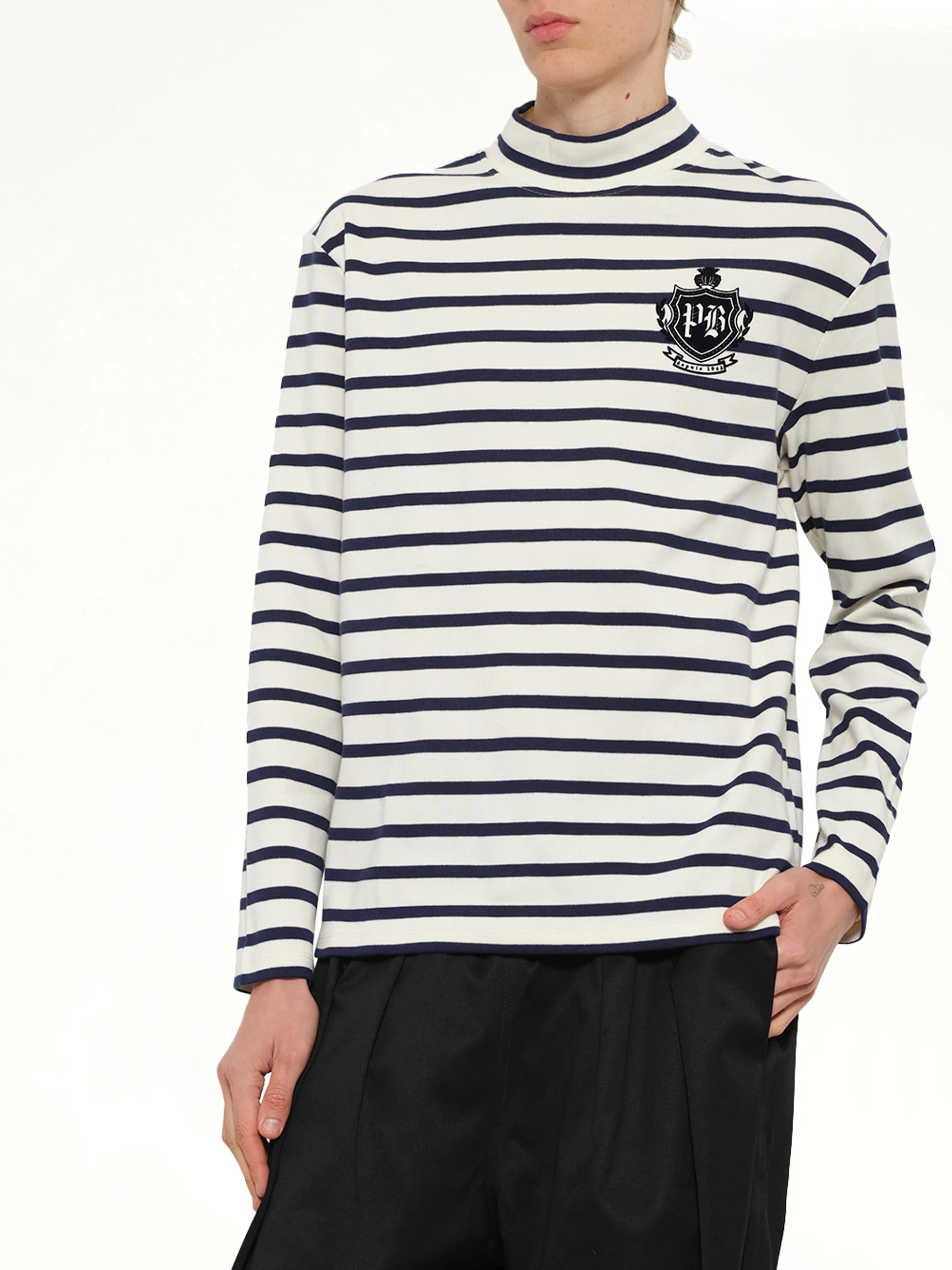 Emblem Flock Highneck LS T-Shirt in Beige/Blue - Image 6
