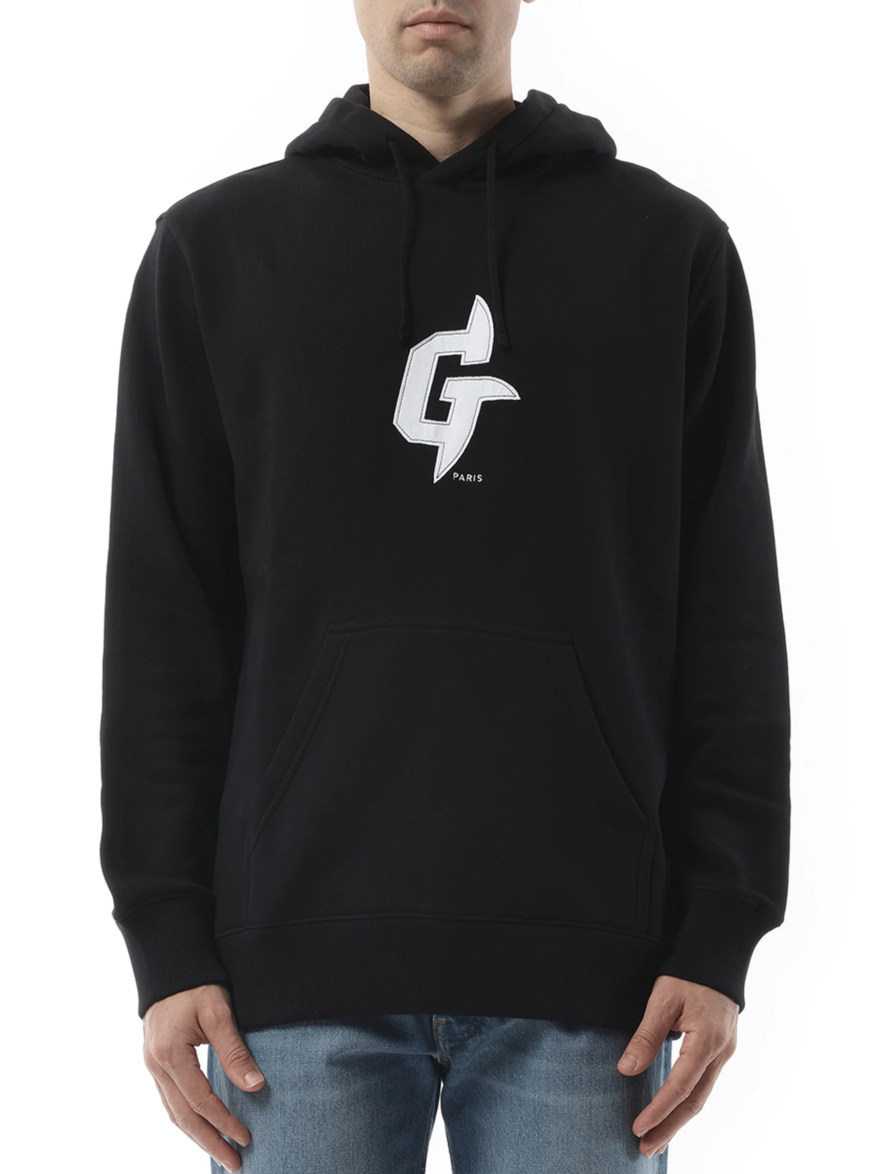 Embroidered Eiffel Tower Motif Slim Fit Hoodie in Black