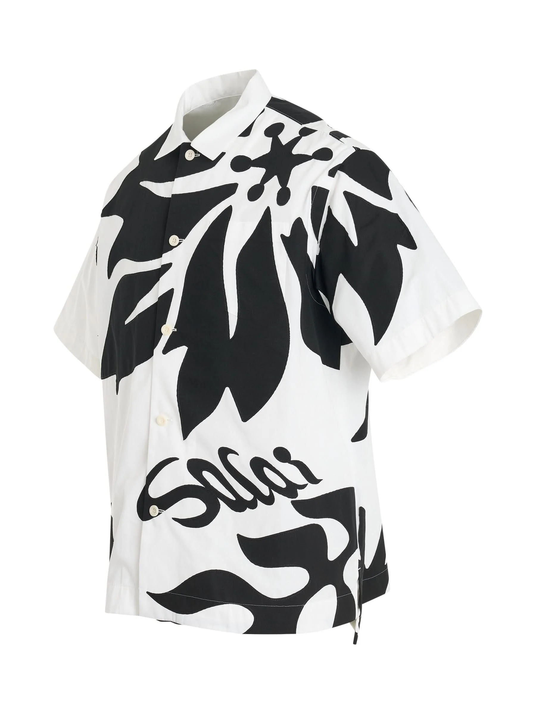 Floral Embroidered Patch Cotton Poplin Shirt in Off White/Black - Image 2