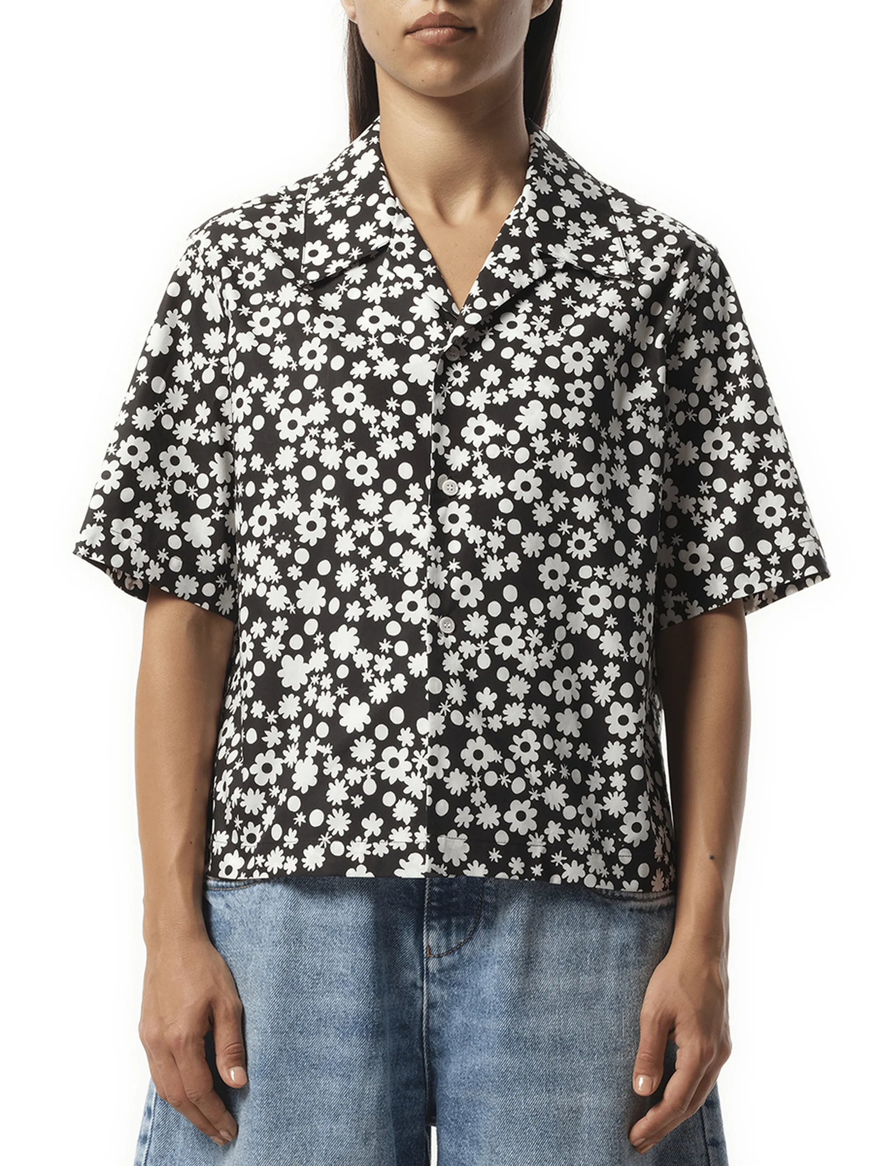 Flower Print Short Sleeve Shirt in Black