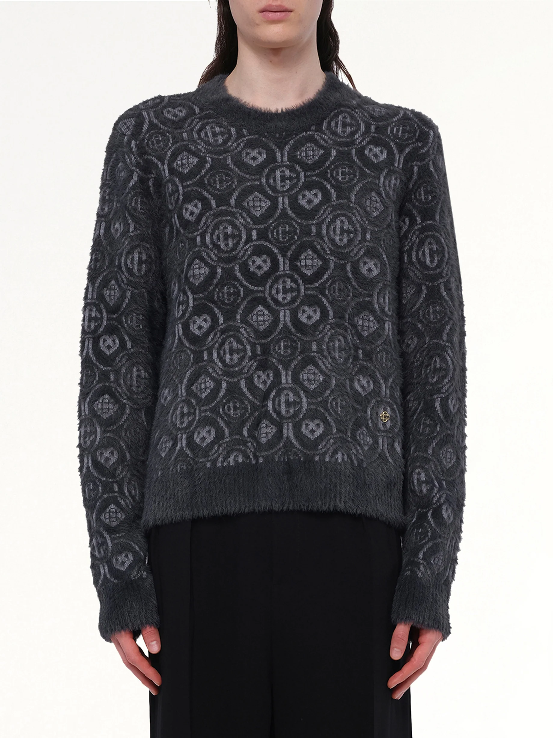 Fluffy Monogram Knit Sweater in Grey