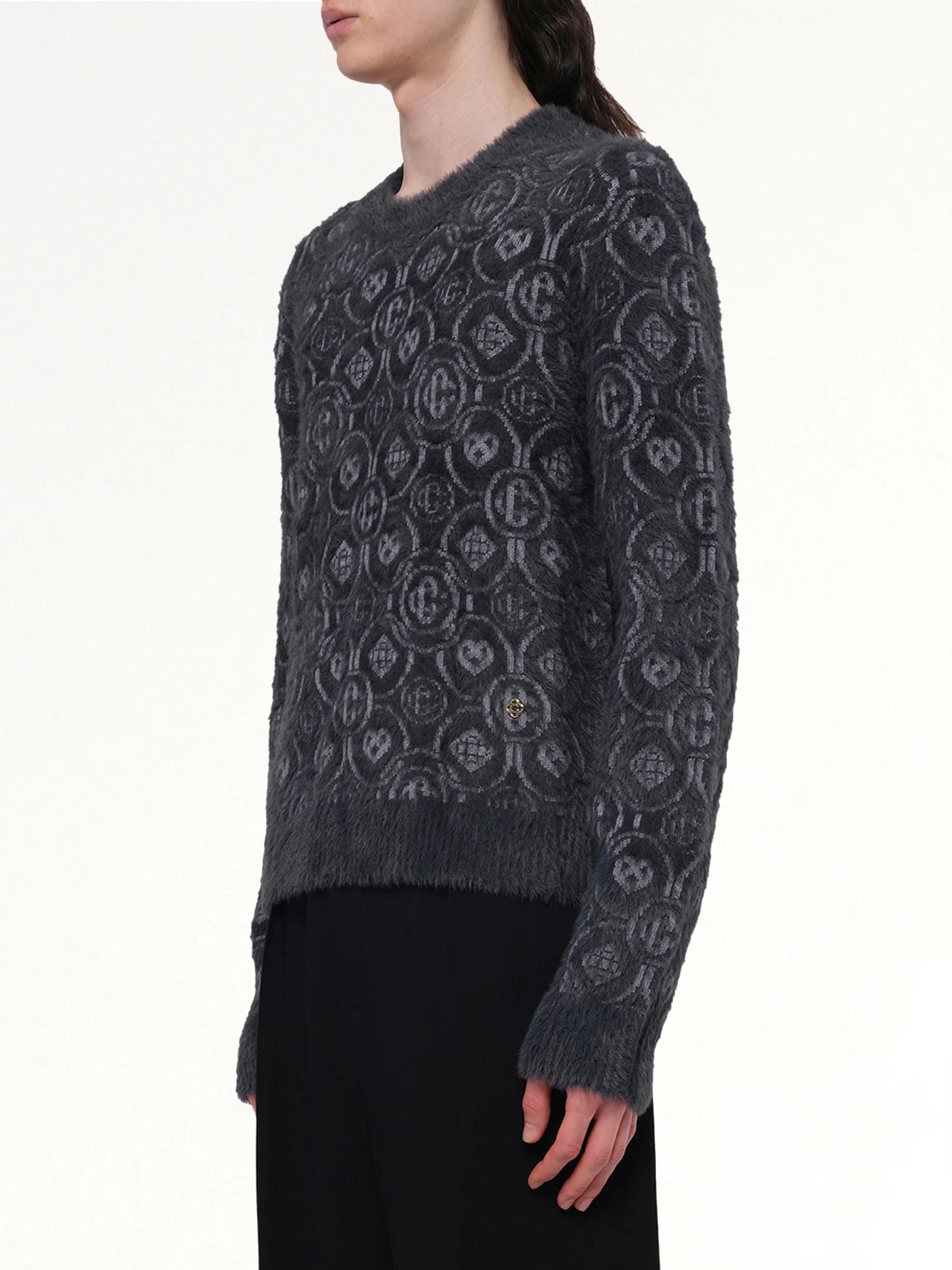 Fluffy Monogram Knit Sweater in Grey - Image 3