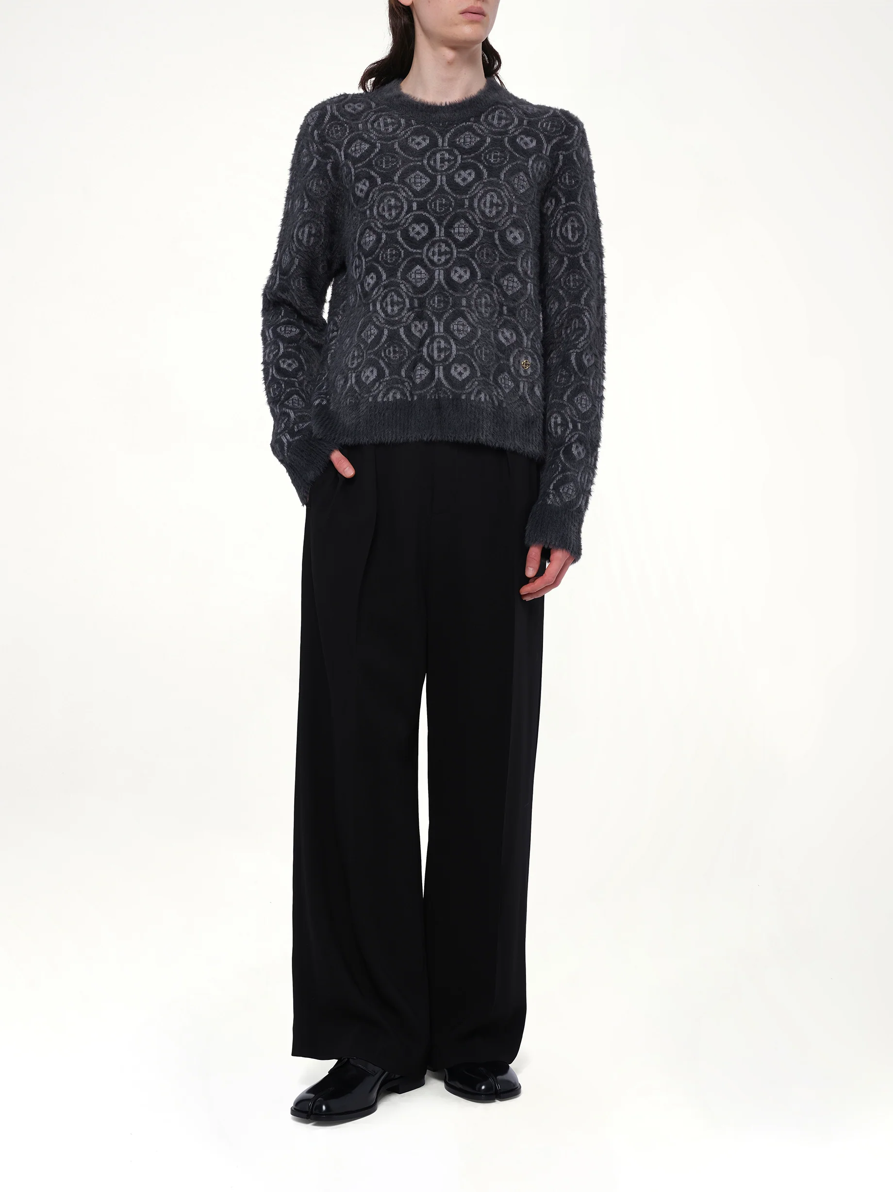 Fluffy Monogram Knit Sweater in Grey - Image 4
