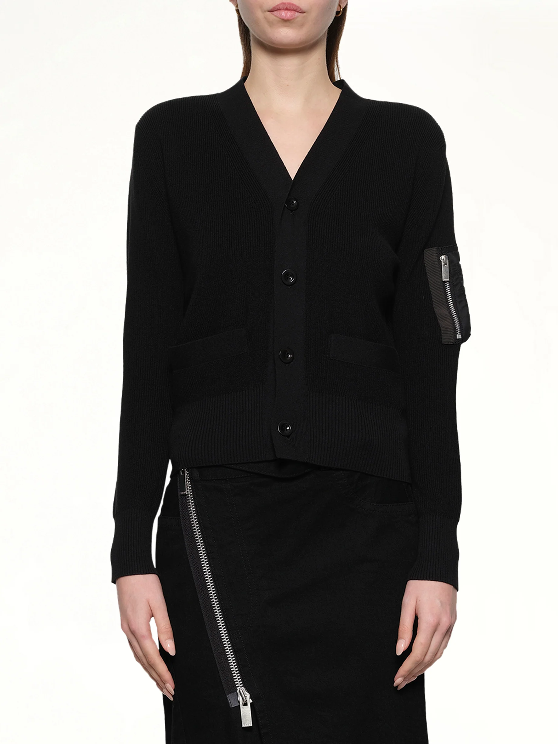 Nylon Twill x Cotton Knit Cardigan in Black