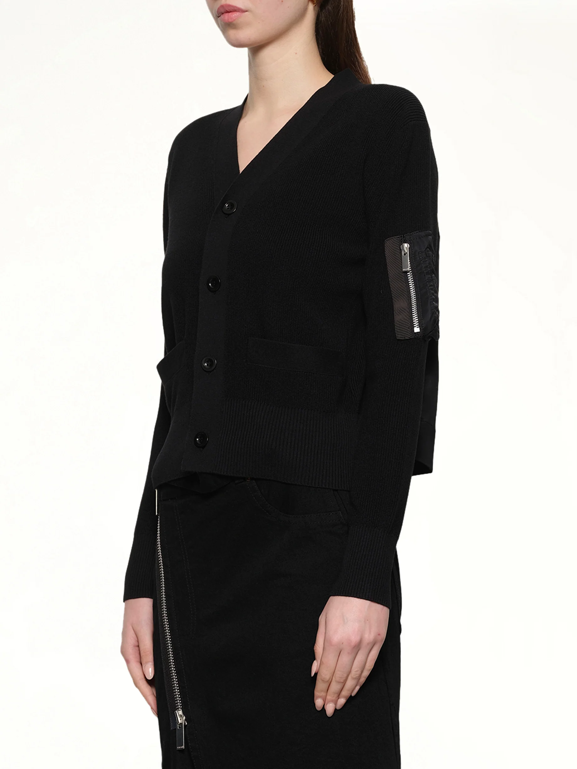Nylon Twill x Cotton Knit Cardigan in Black - Image 3