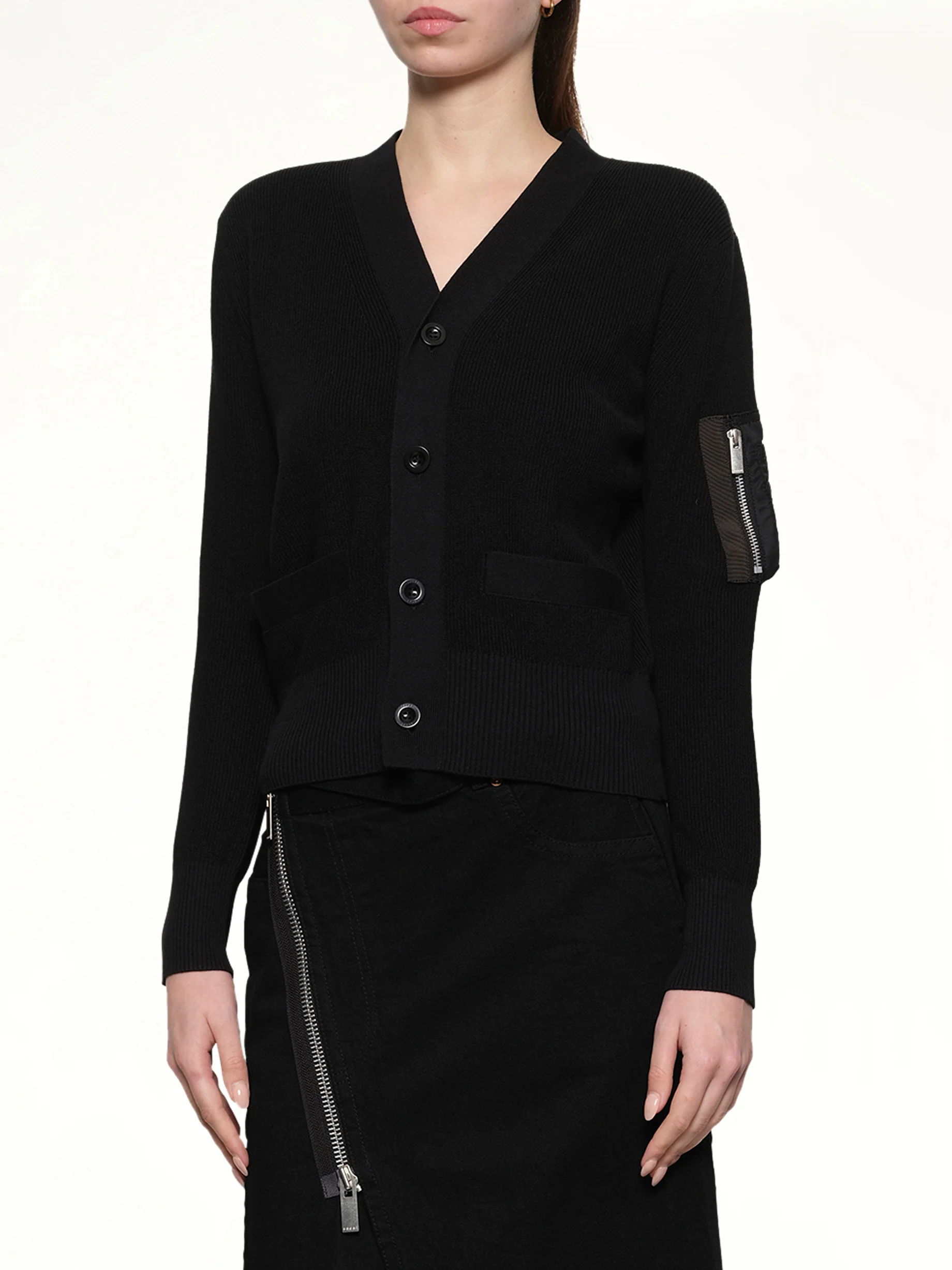 Nylon Twill x Cotton Knit Cardigan in Black - Image 6