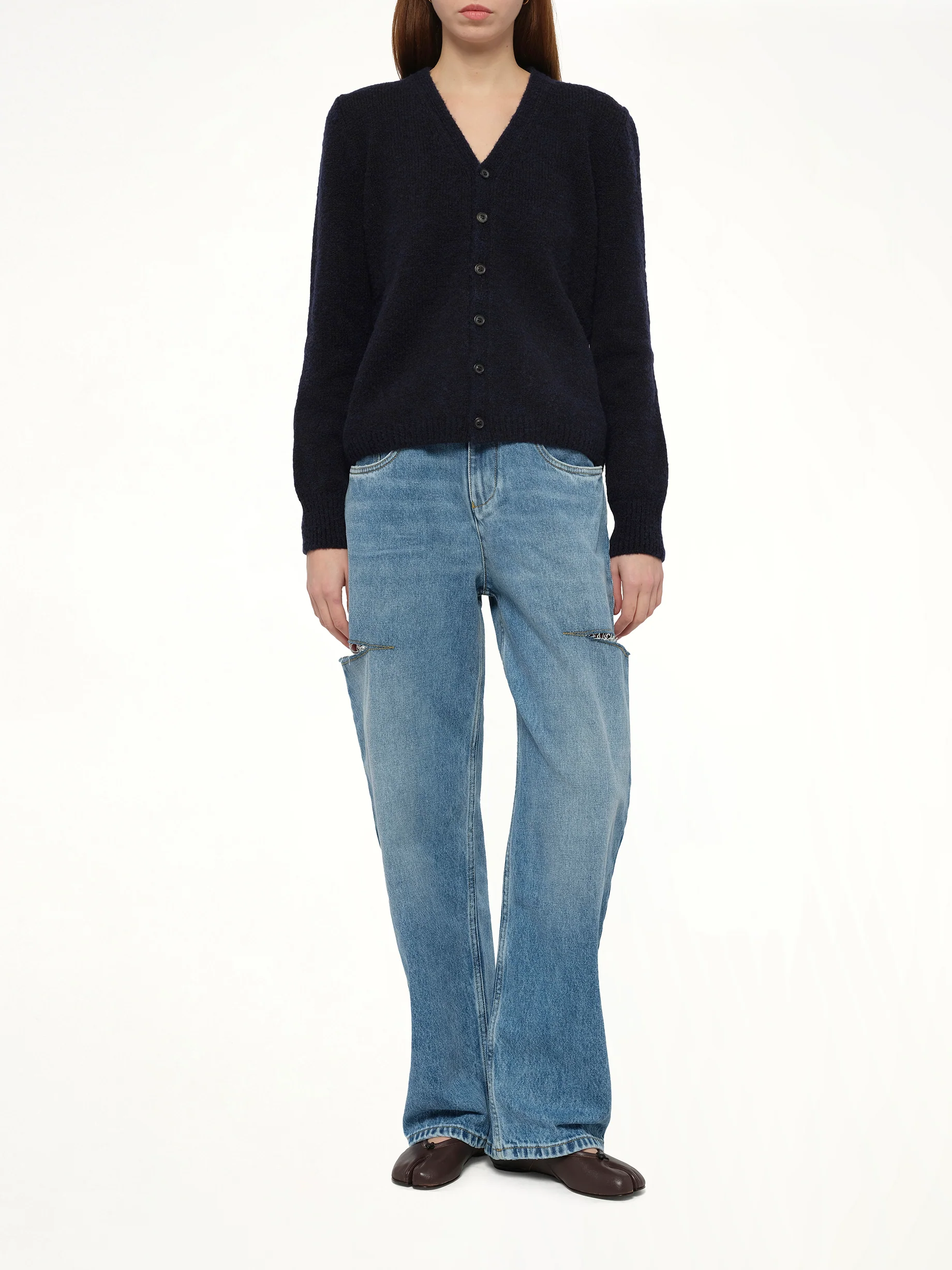 Gauge 5 Cardigan in Navy/Dark Brown - Image 4