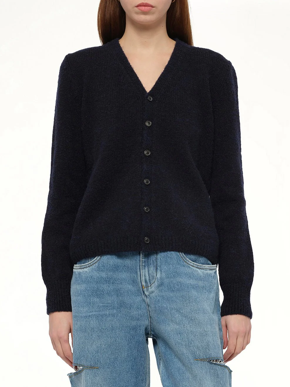 Gauge 5 Cardigan in Navy/Dark Brown - Image 6