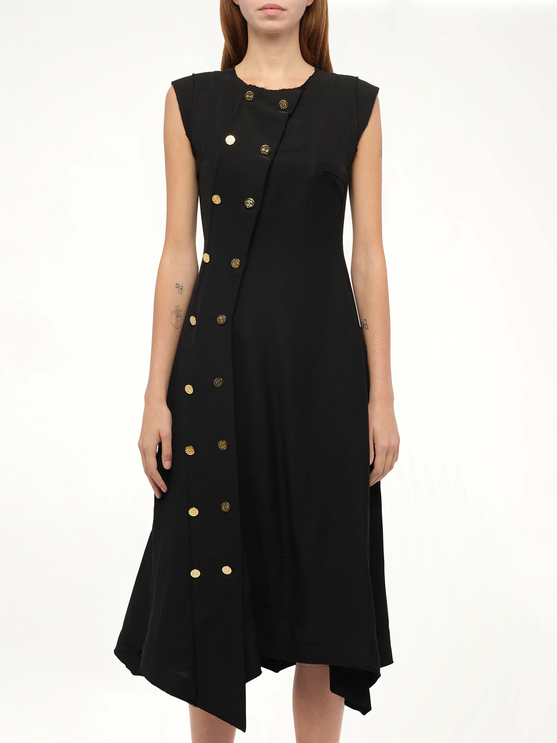 Gold Button Sleeveless Dress in Black