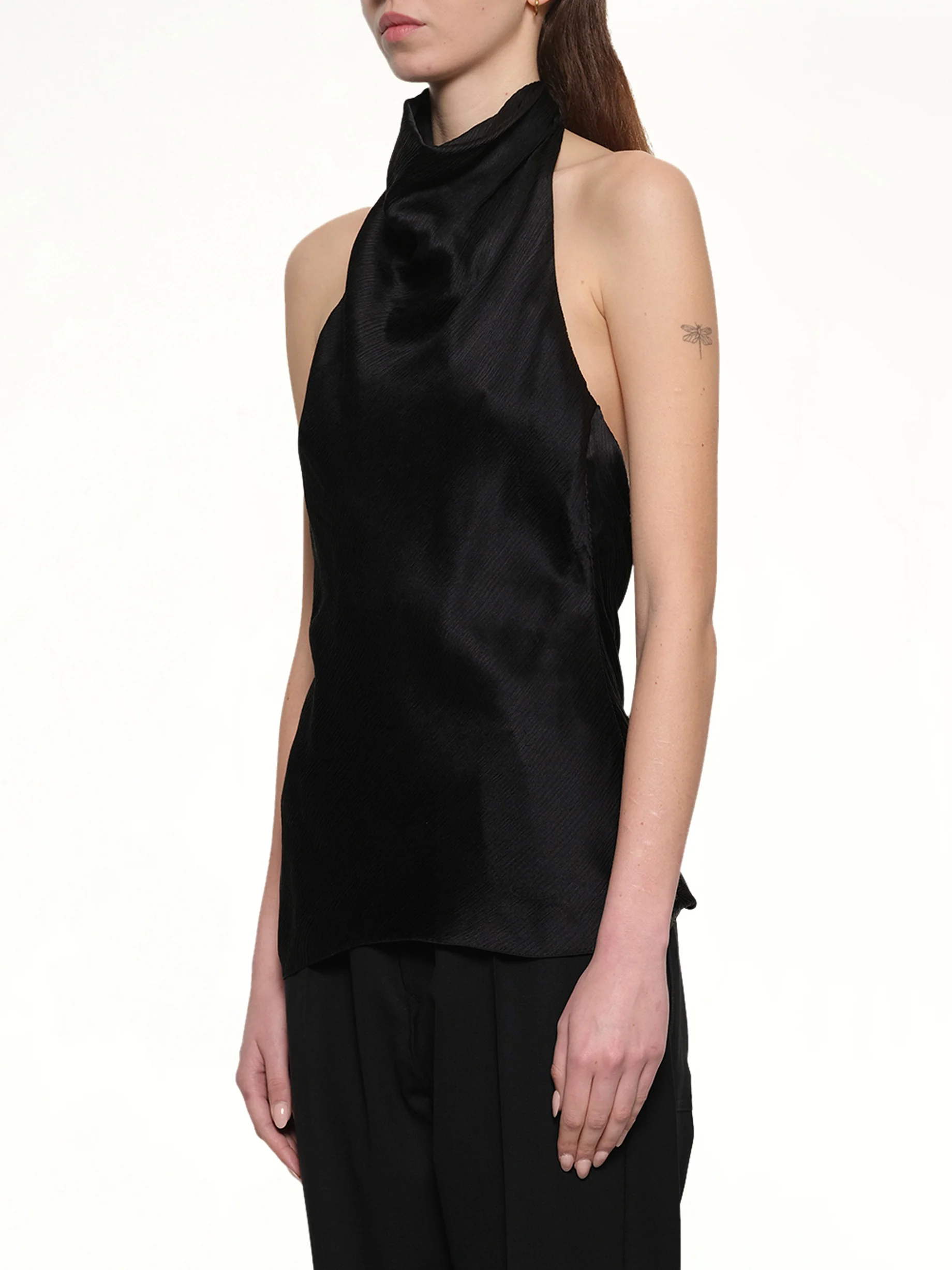 Halterneck Crepe Satin Top in Black - Image 3