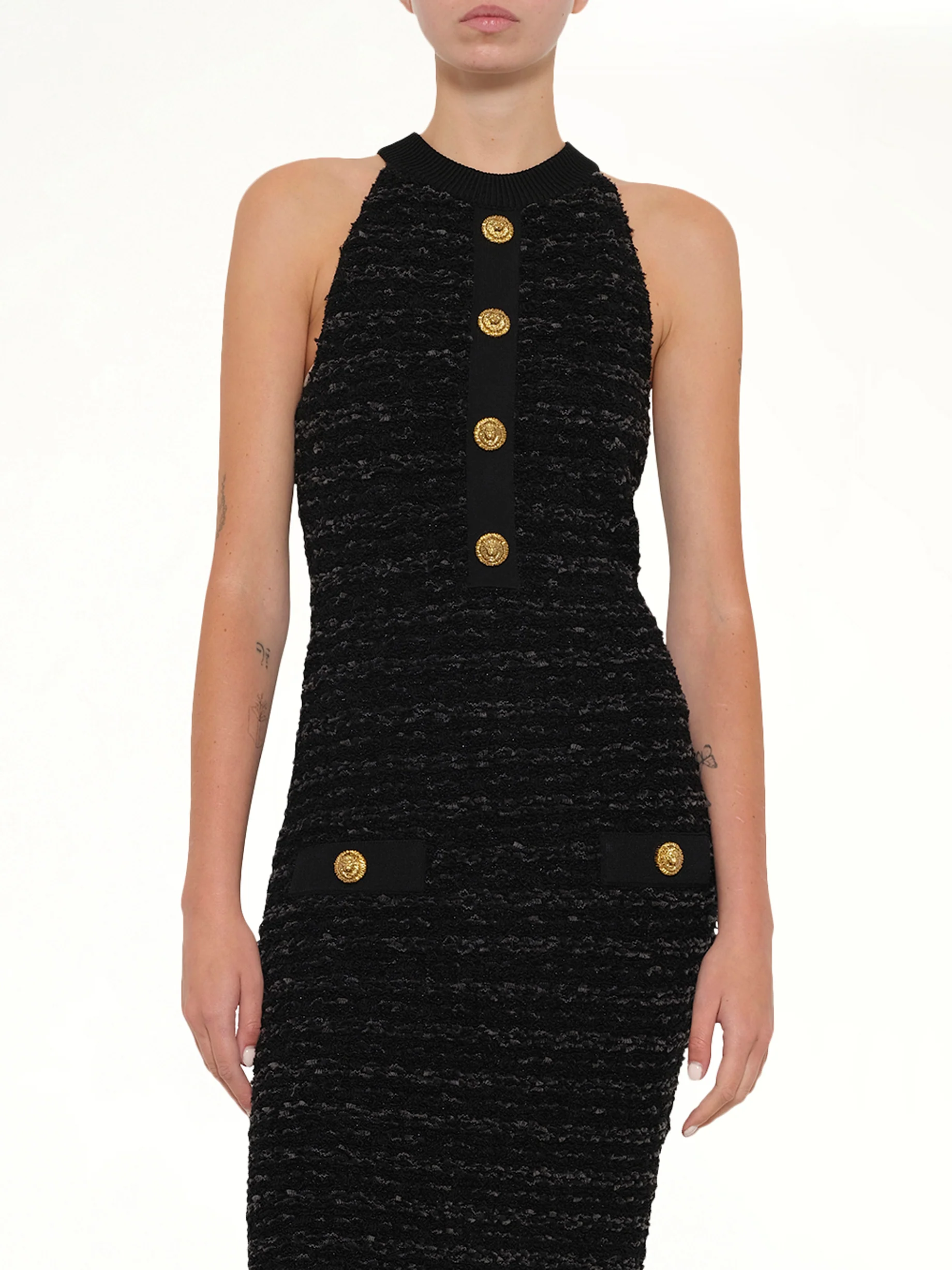 Halterneck Knit Tweed Dress in Black - Image 6